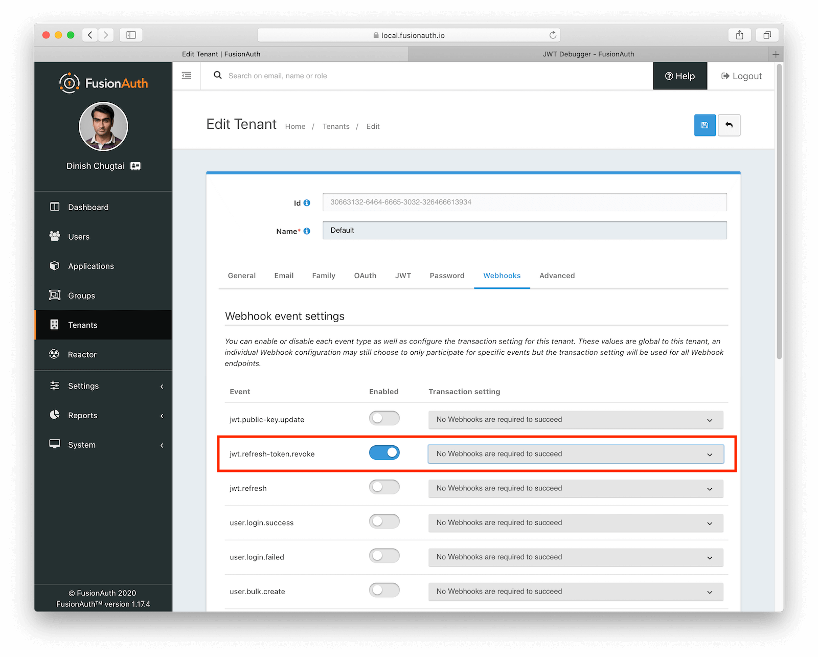 Enabling webhooks for a FusionAuth tenant.