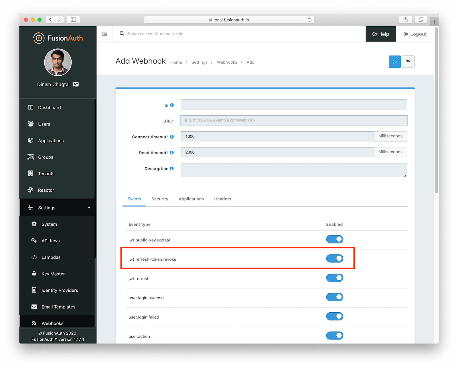 Set up a webhook in FusionAuth.