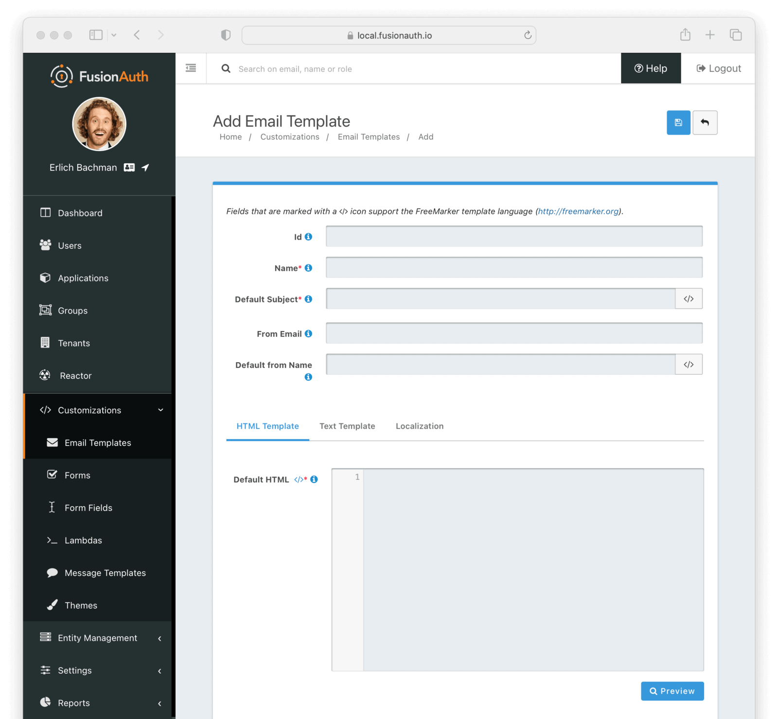 The create screen for an email template.