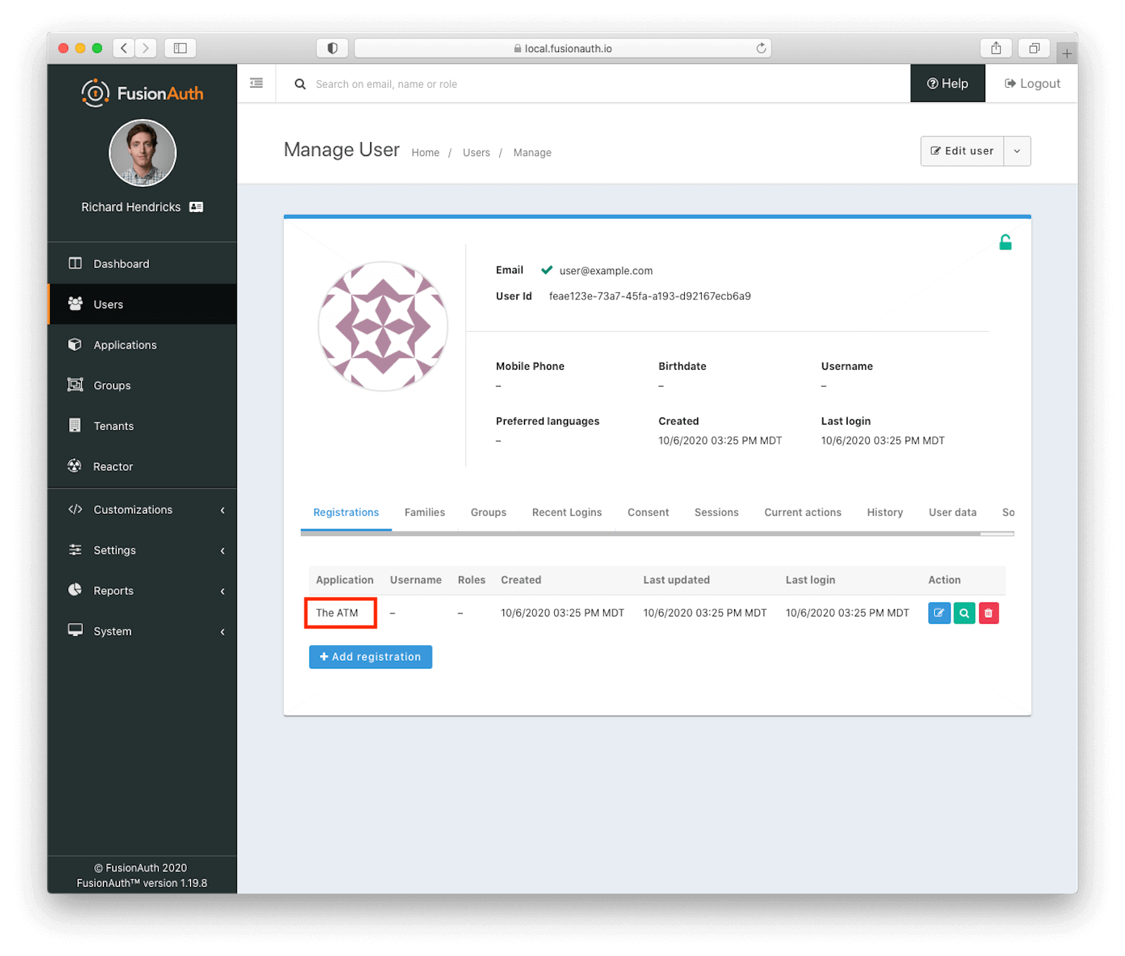 Success! The user is registered to your application..