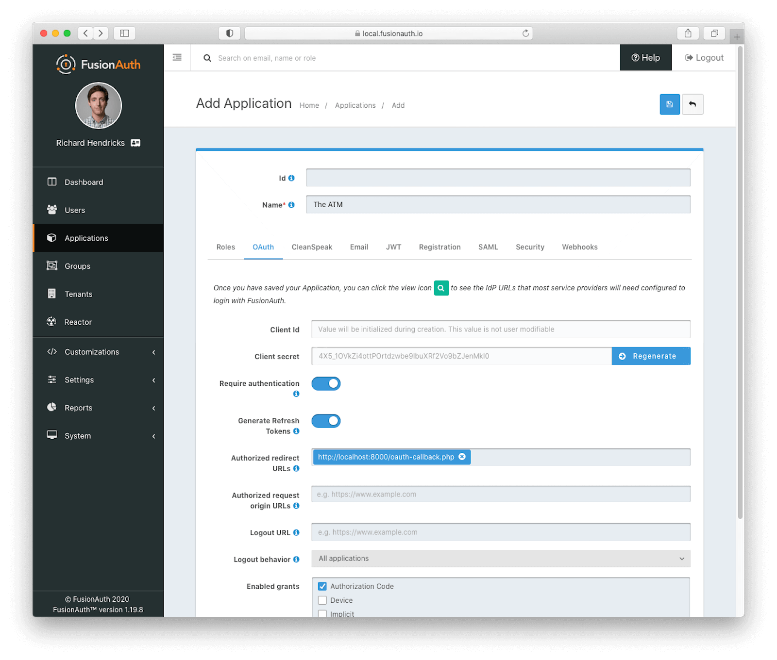 Adding an application in FusionAuth.