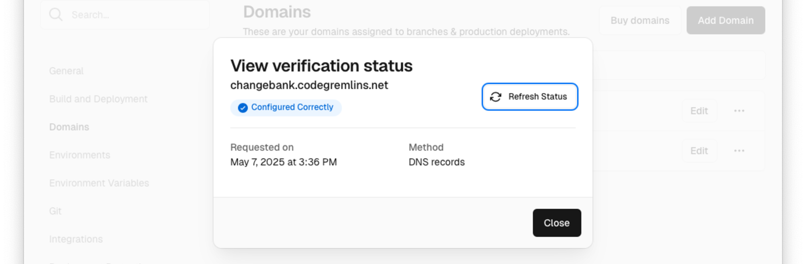 Vercel DNS configuration success.