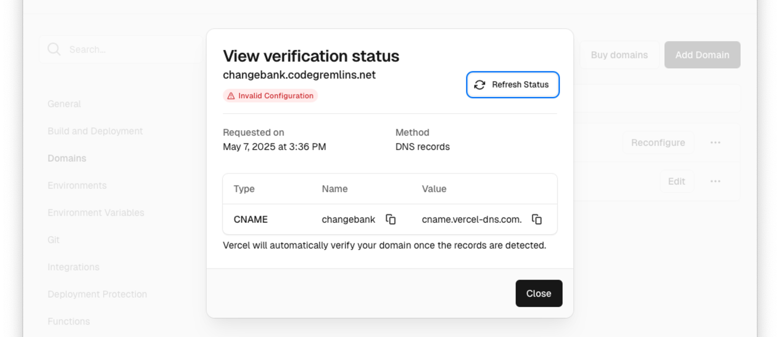 Vercel DNS settings request.