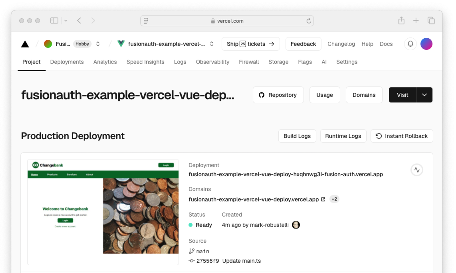 Vercel Domains button.