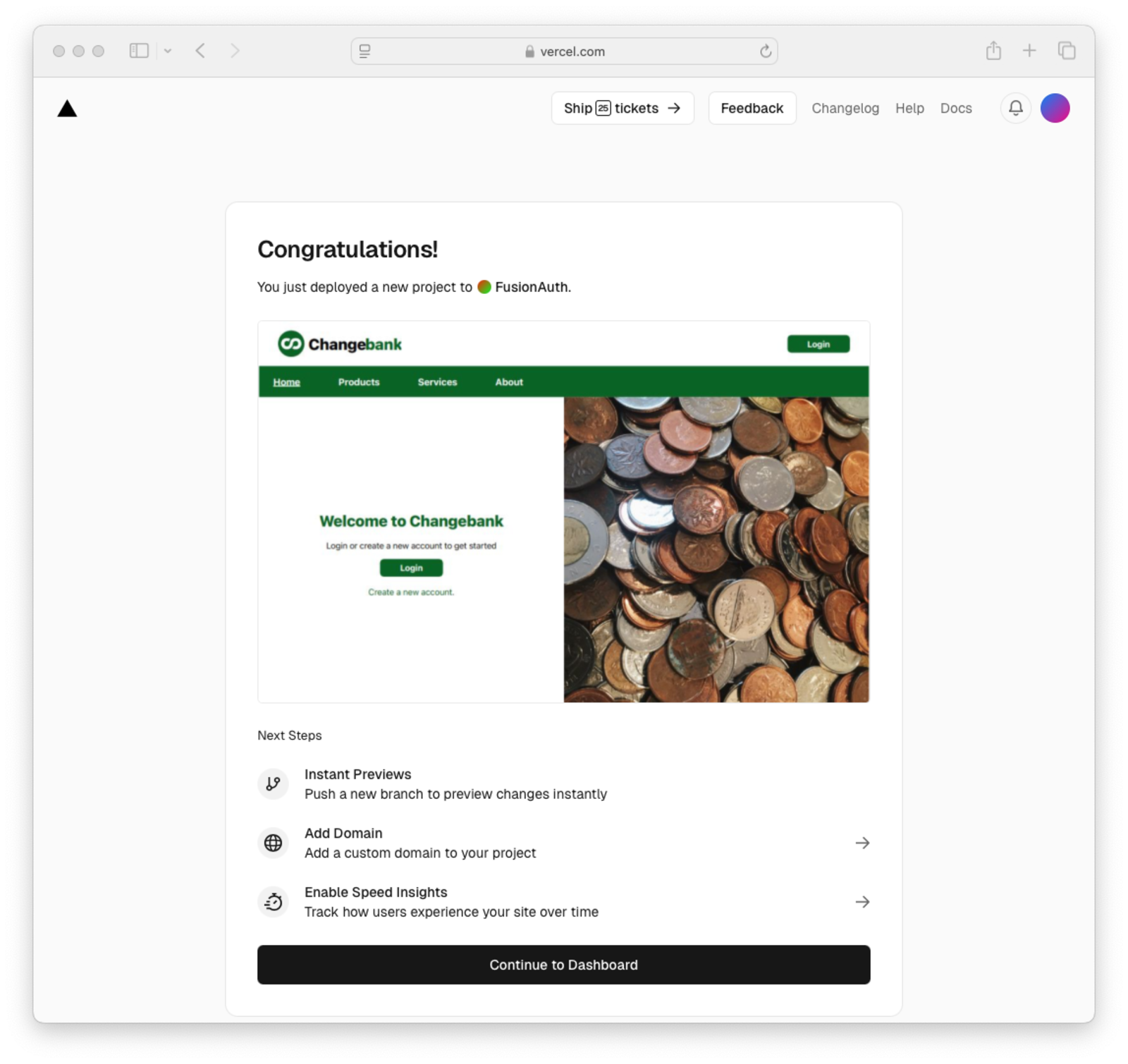 Vercel screenshot of Changebank application.