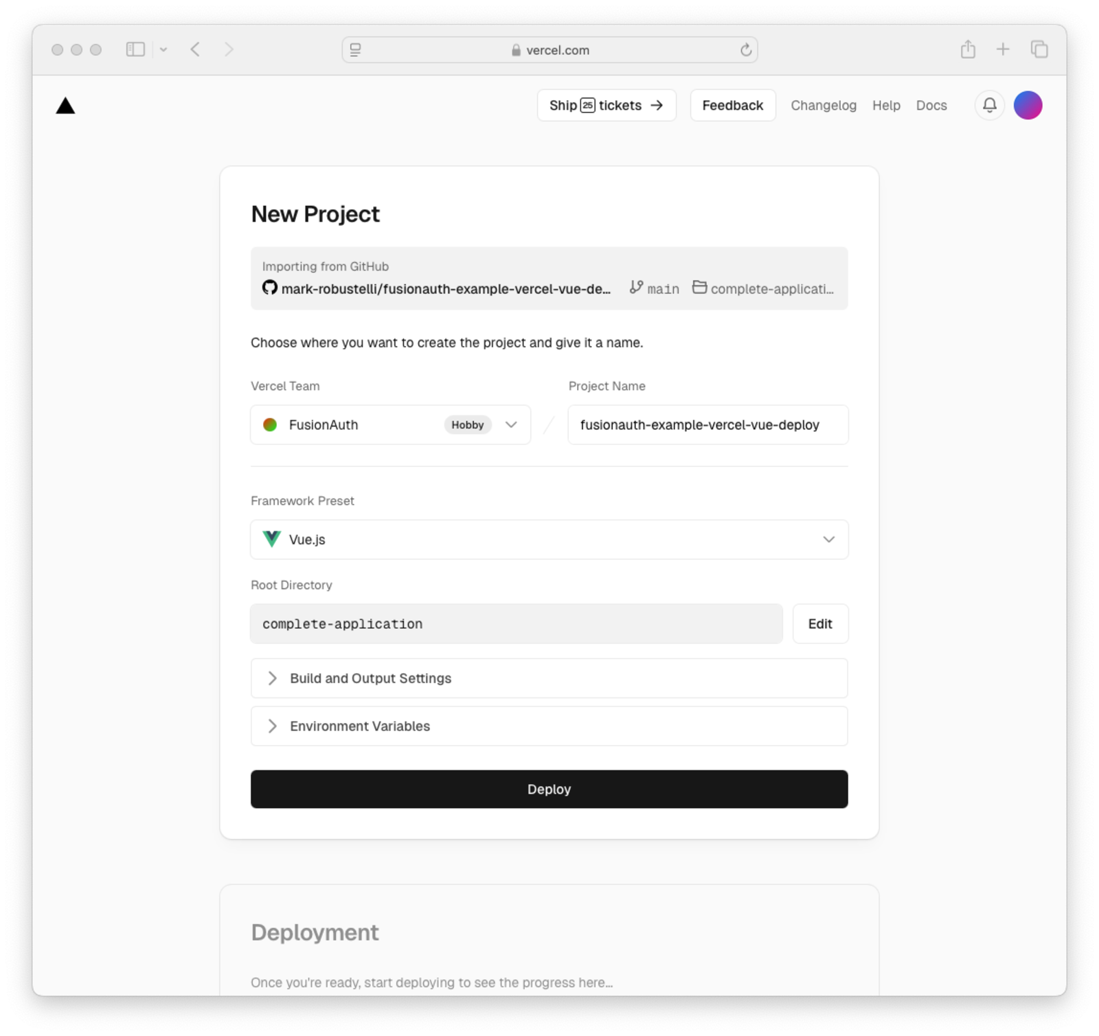 Vercel project settings screen.