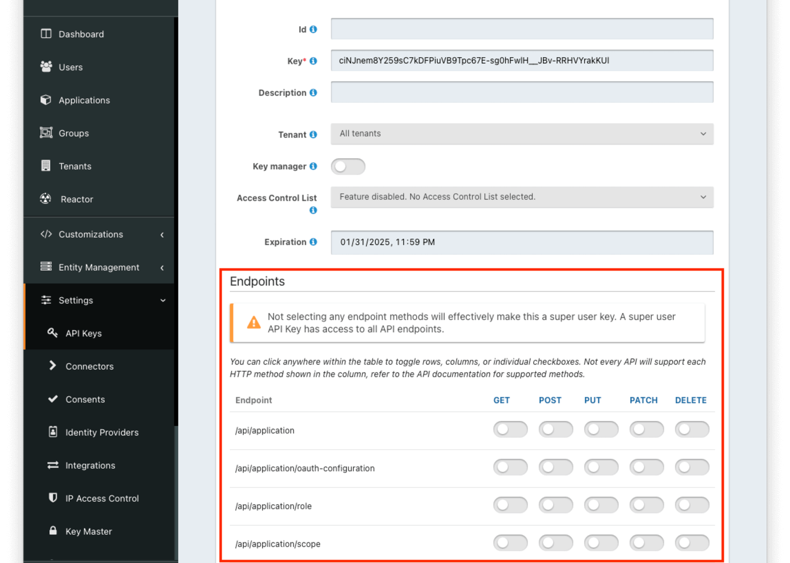 API Key endpoint permissions.