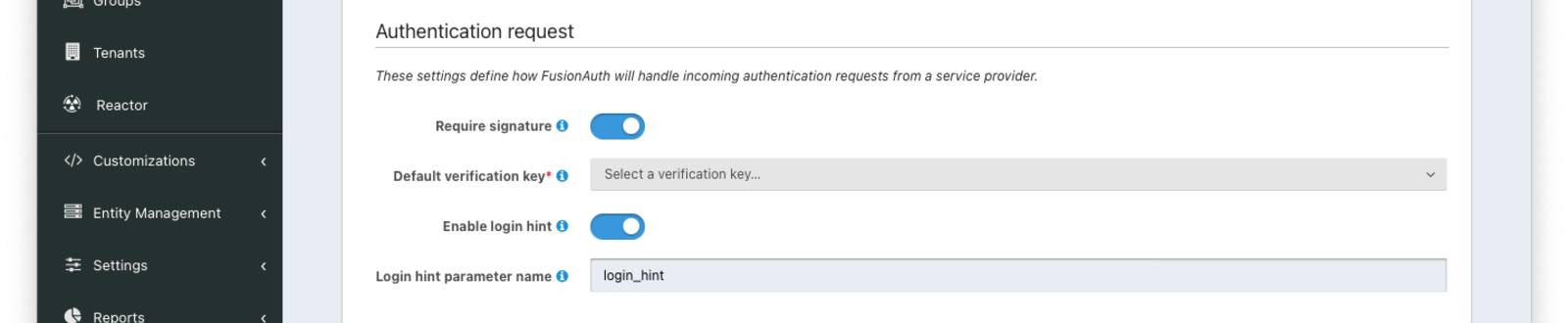 Application SAML authentication request settings