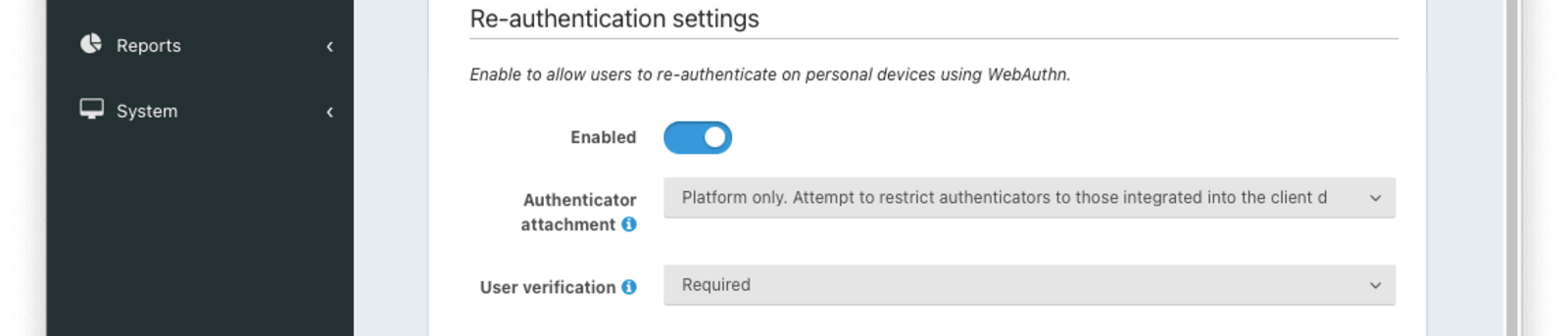 Tenant Configuration - WebAuthn Re-authentication settings