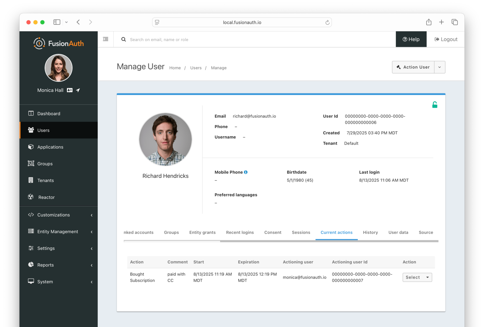 User current actions screen in the administrative user interface.