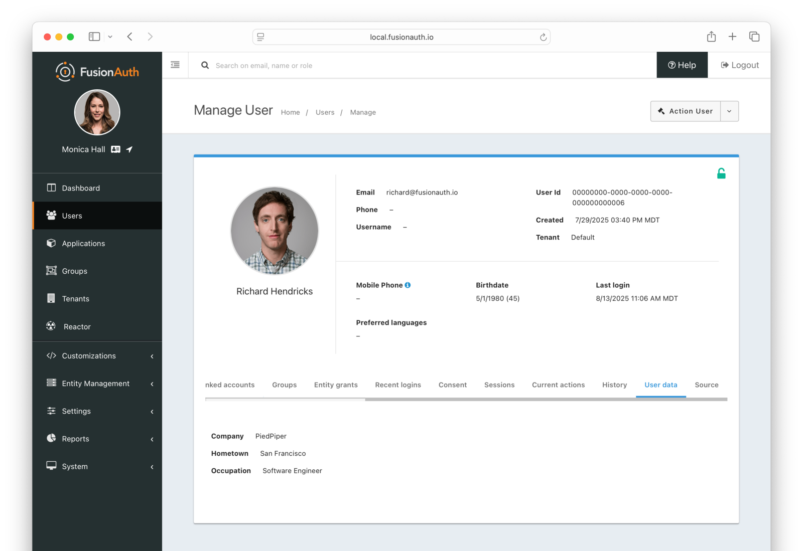 User data screen in the administrative user interface.