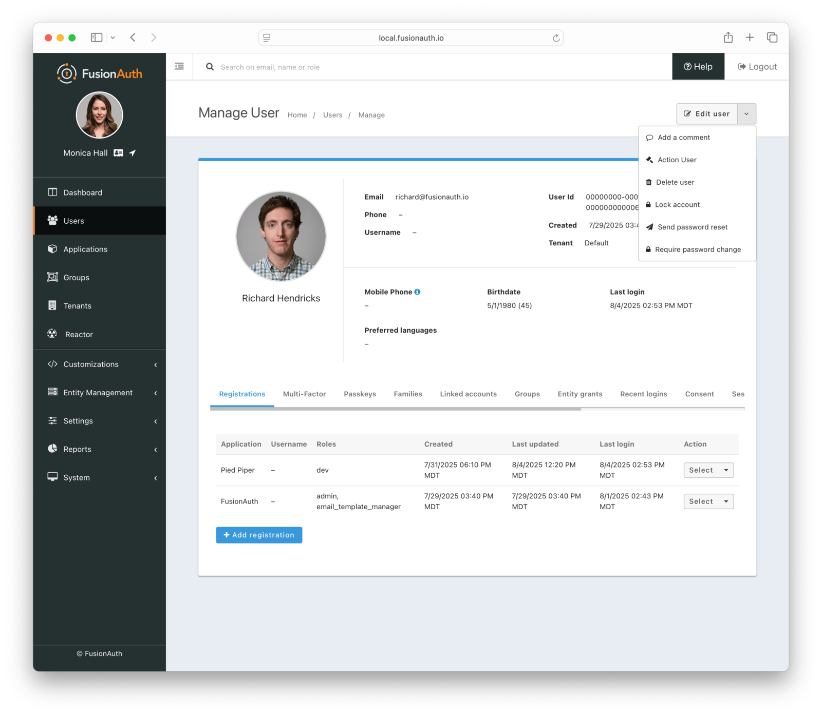User edit dropdown in the administrative user interface.