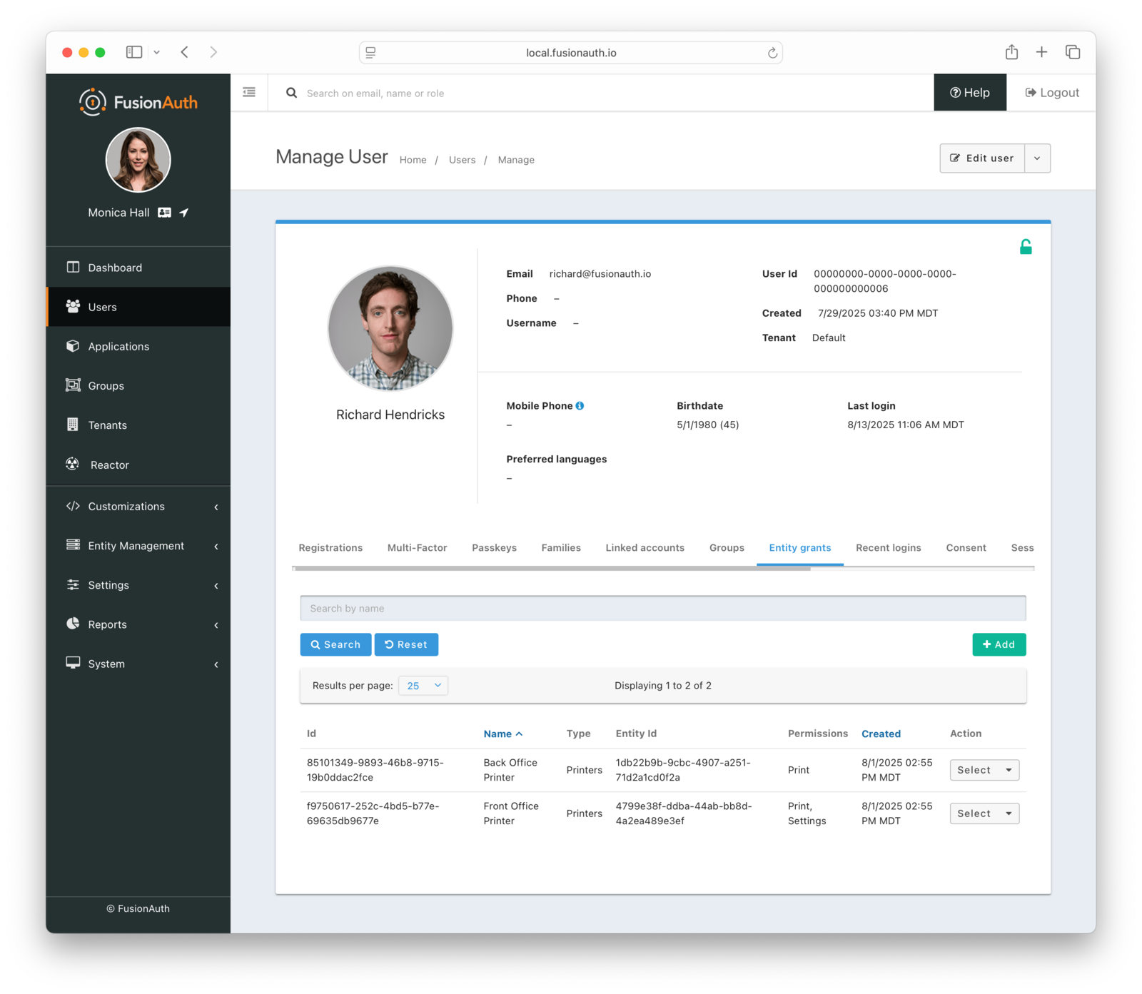 User entity grants screen in the administrative user interface.