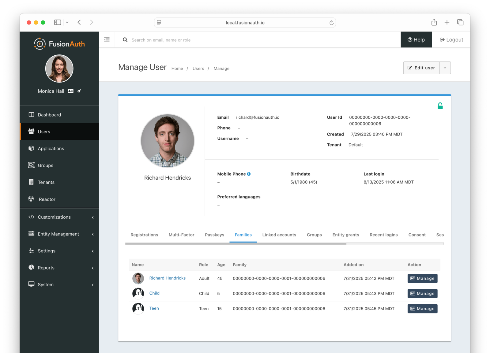 User families screen in the administrative user interface.