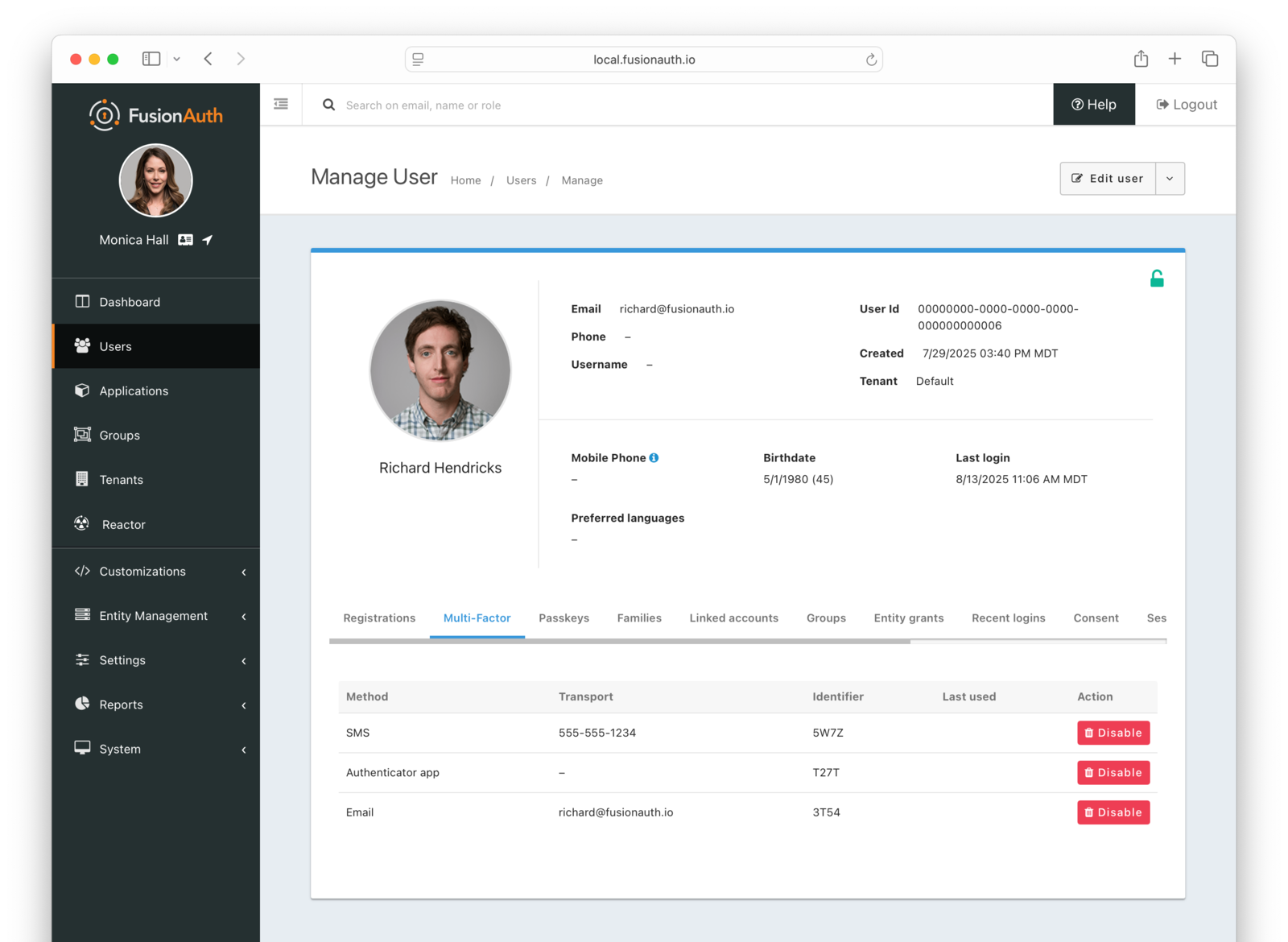User multi-factor screen in the administrative user interface.