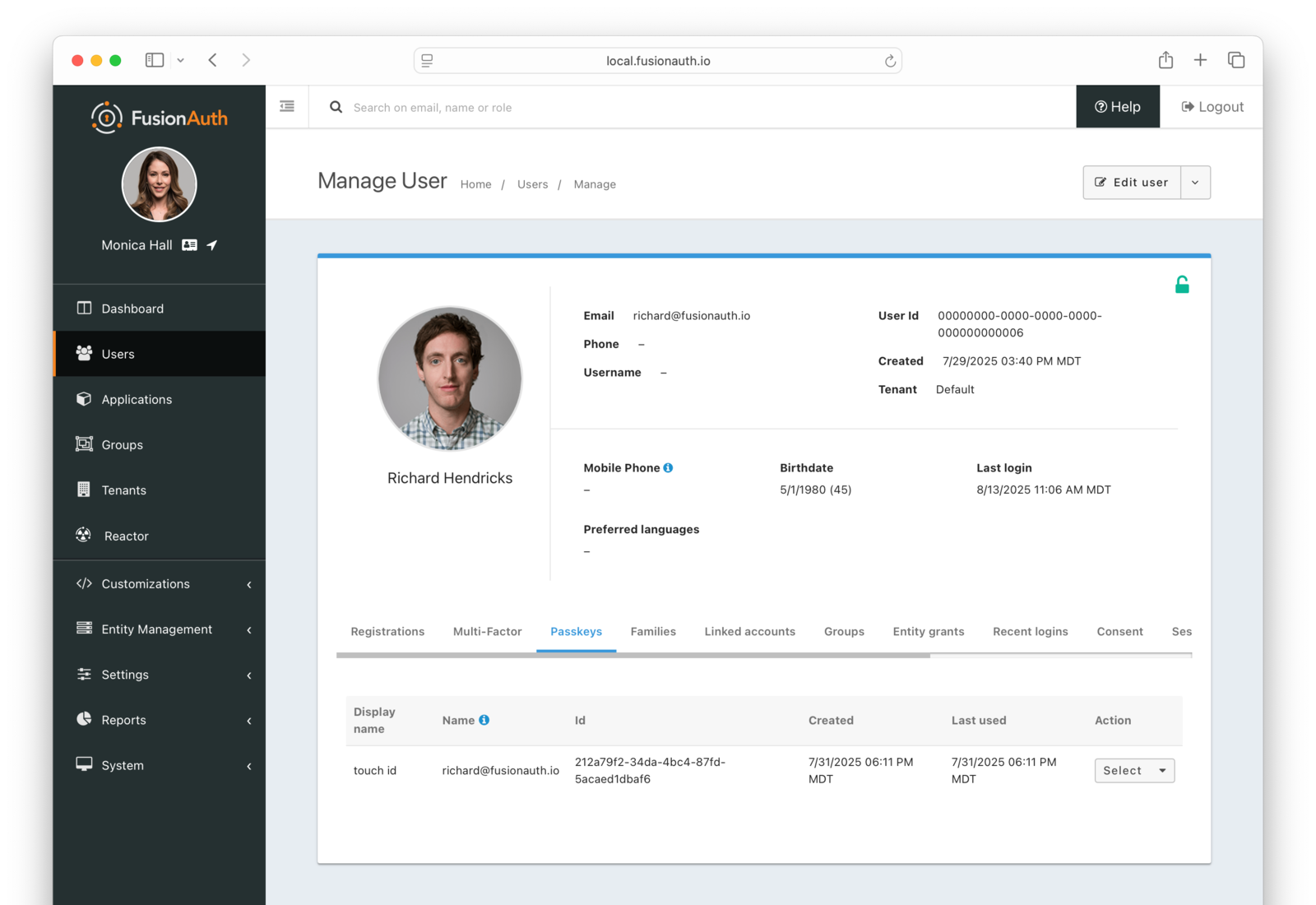 User passkeys screen in the administrative user interface.