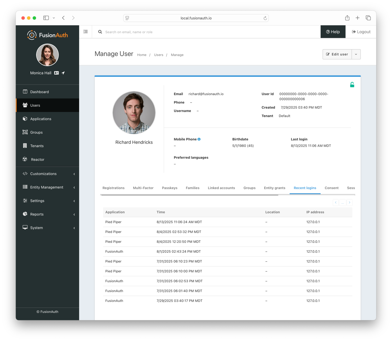 User recent logins screen in the administrative user interface.