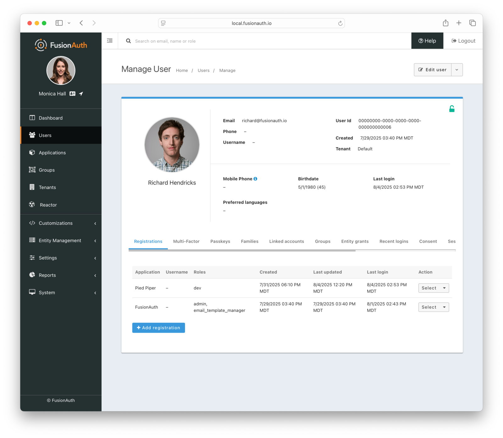 User registrations in the administrative user interface.