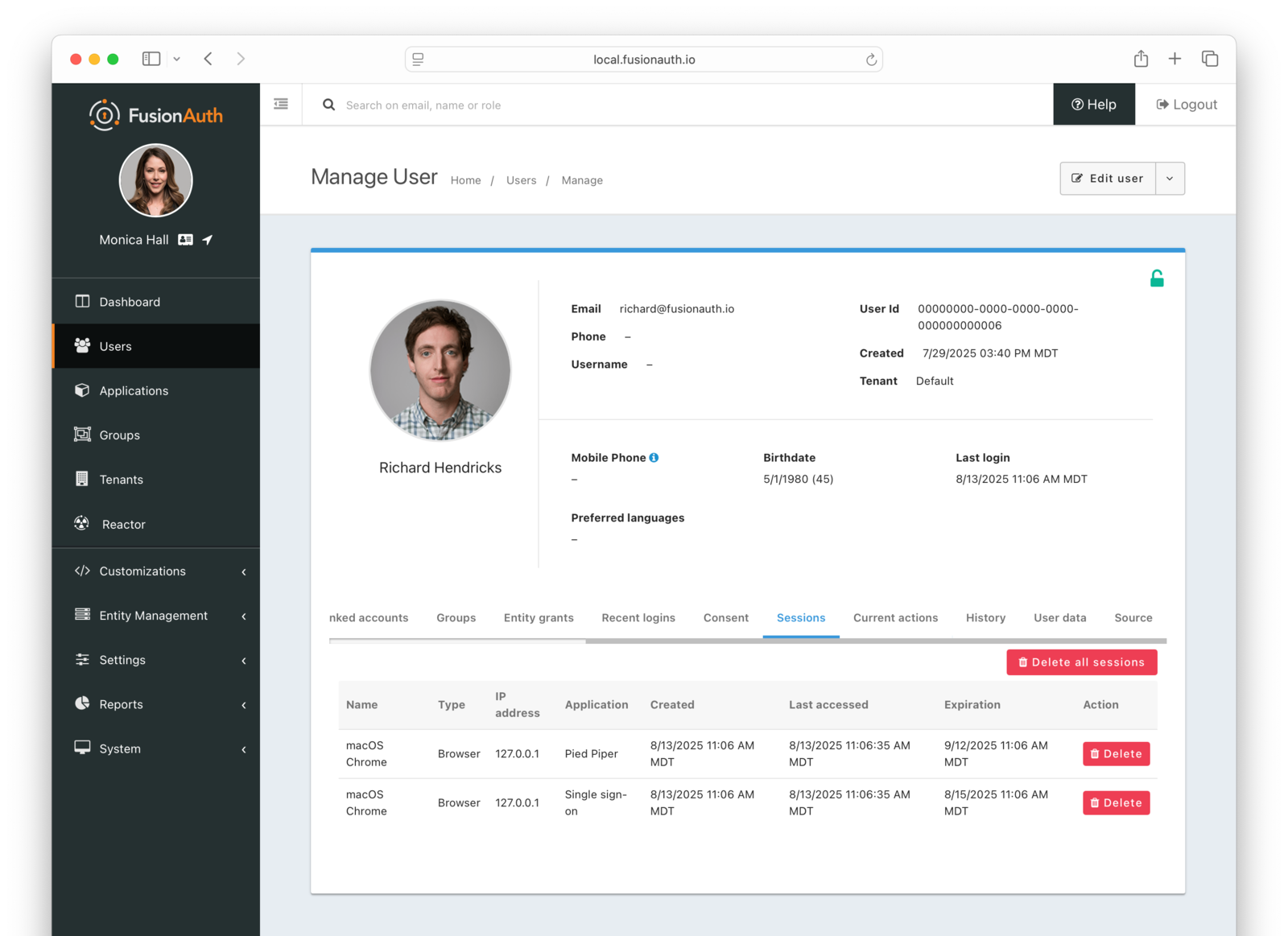 User session screen in the administrative user interface.