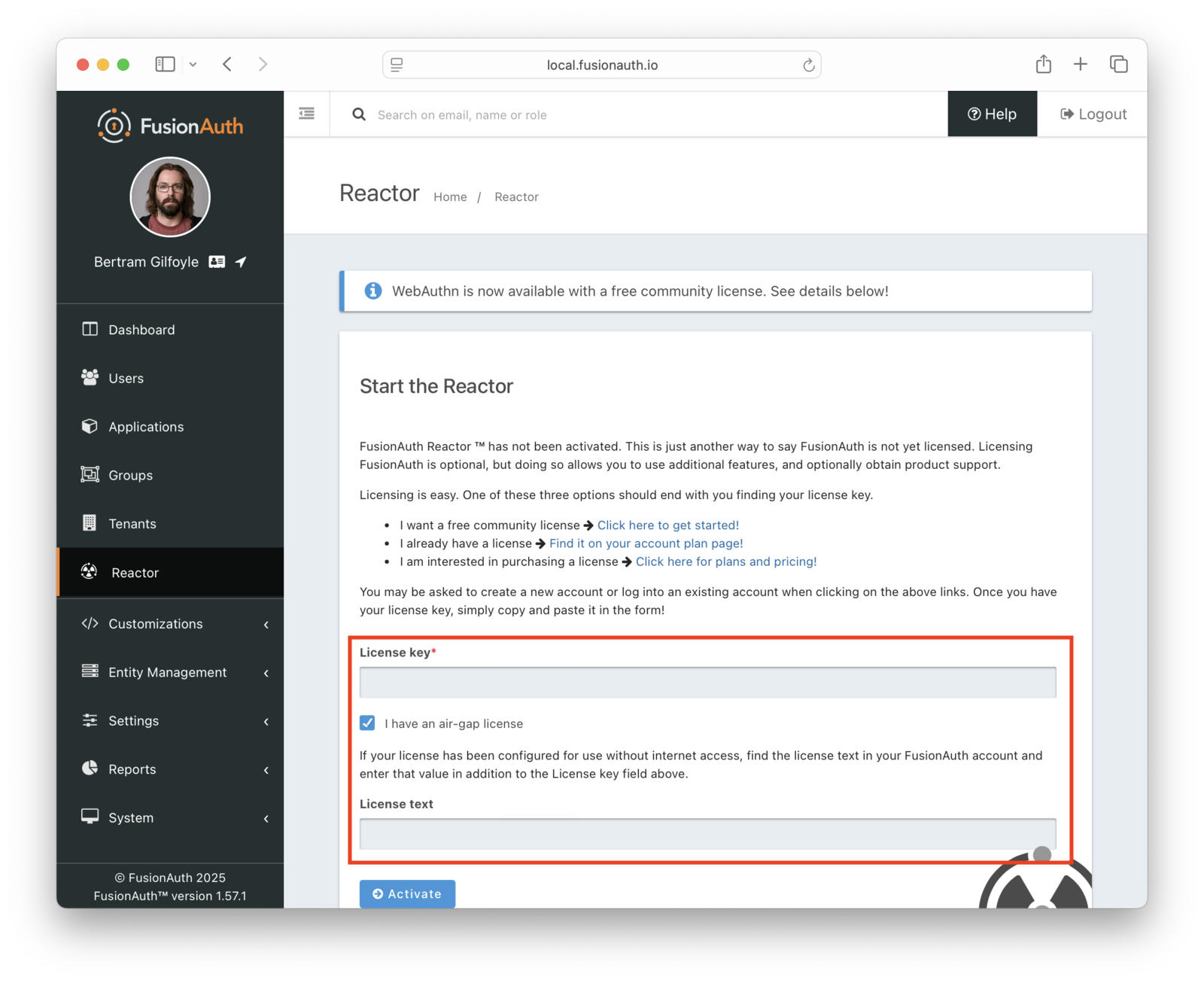 Activate your license using Reactor.