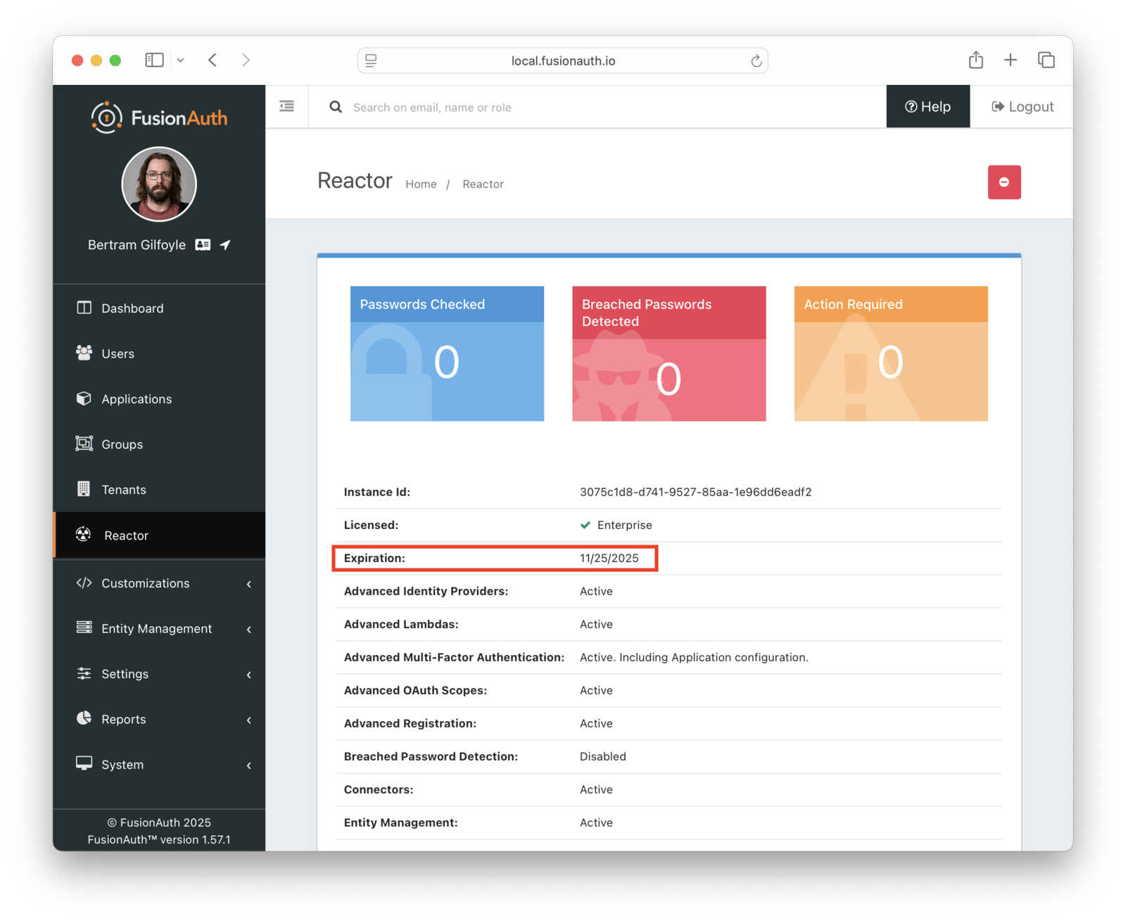 An expiration date displayed on the Reactor status page.