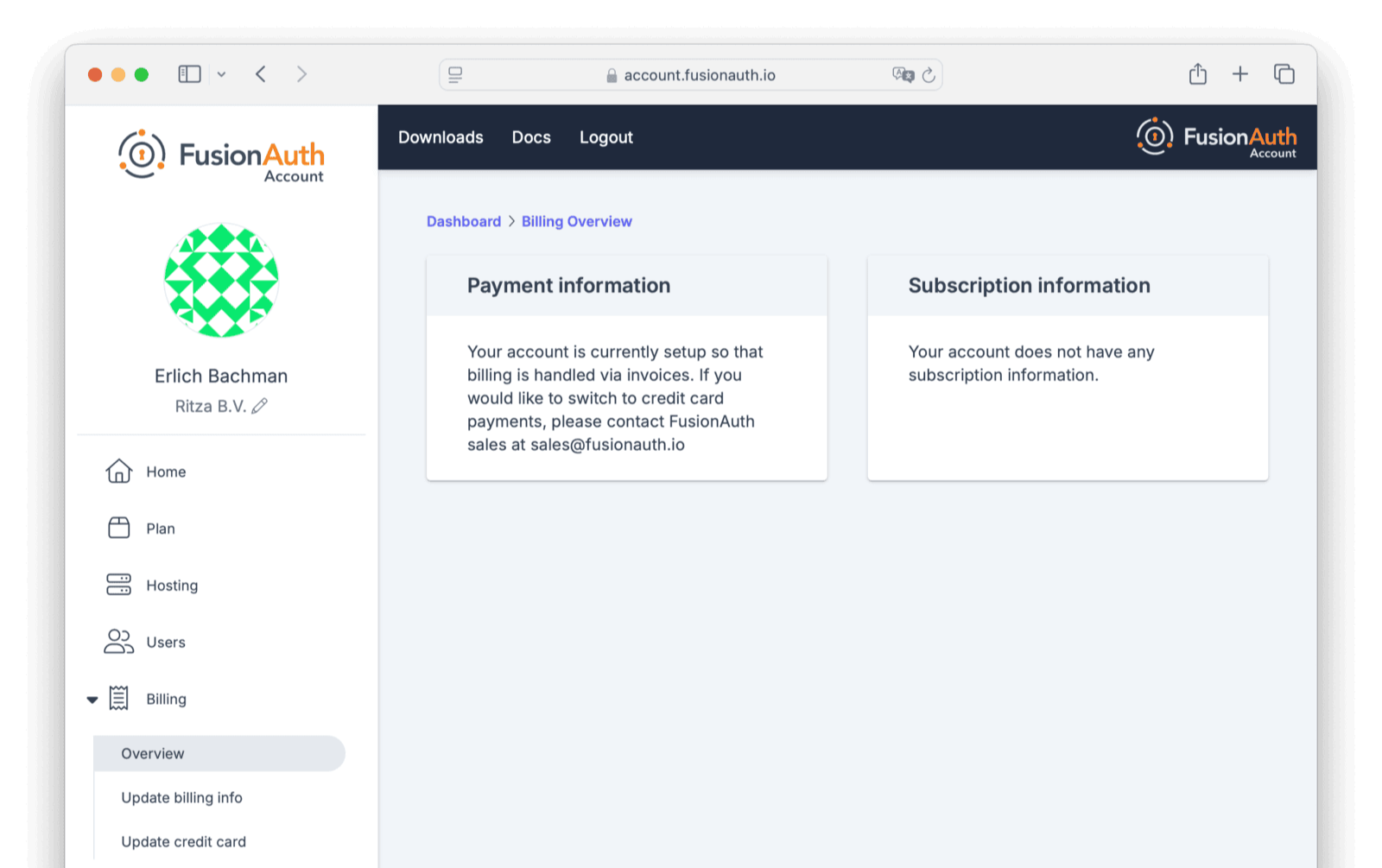 The overview section of the billing tab.