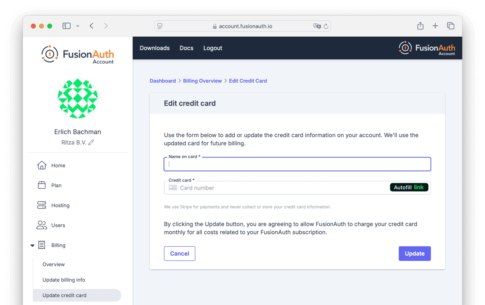 The payment method update section of the billing tab.
