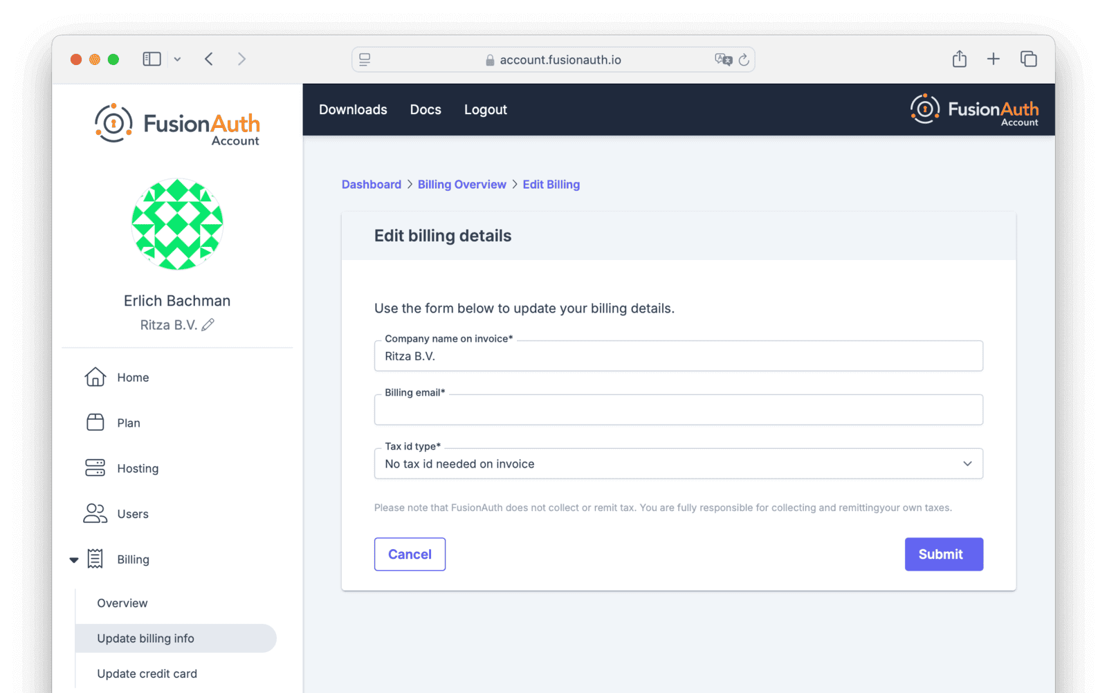 The payment method details section of the billing tab.