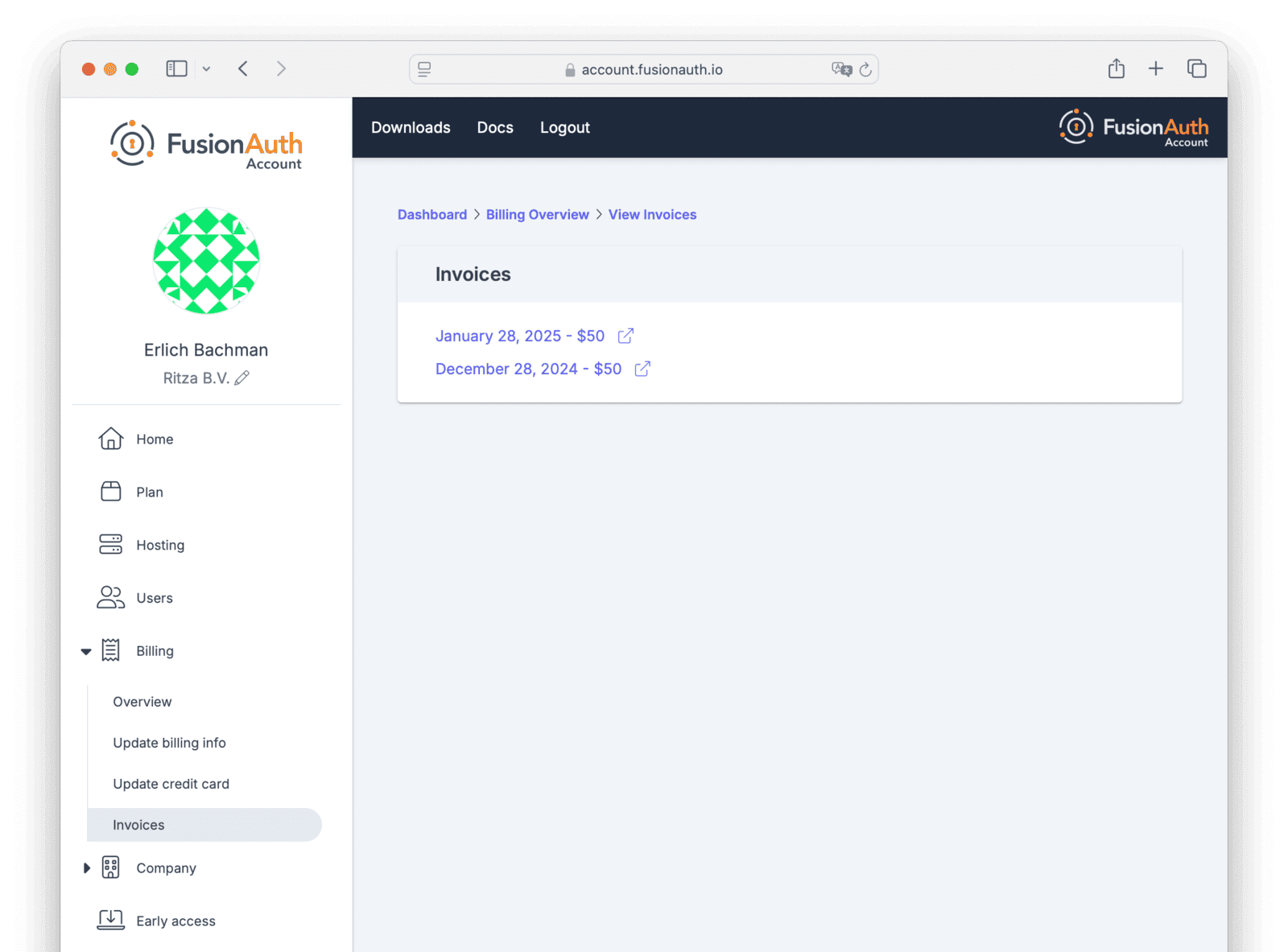 The invoices section of the billing tab.