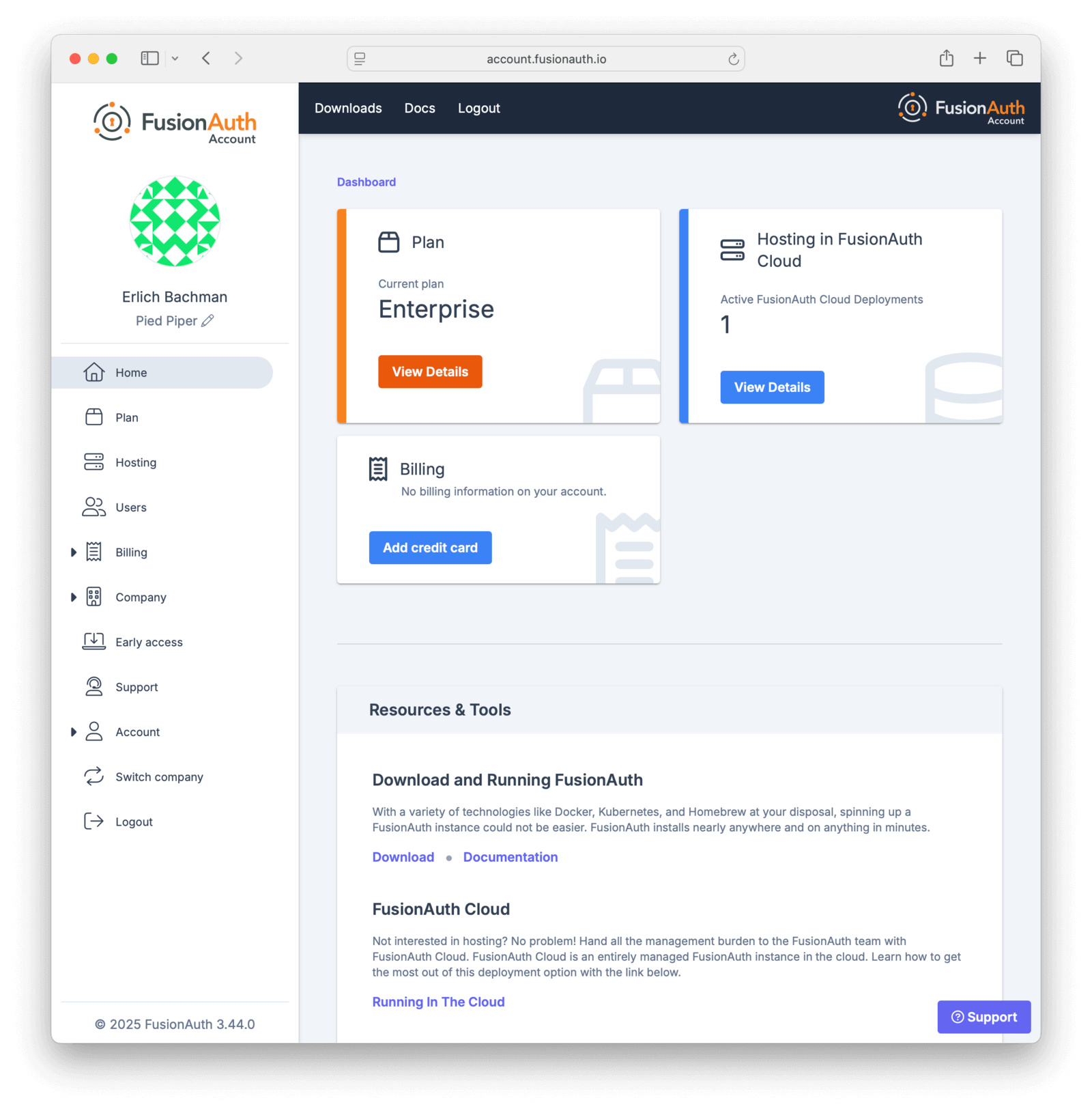 The dashboard of the FusionAuth Cloud account application.