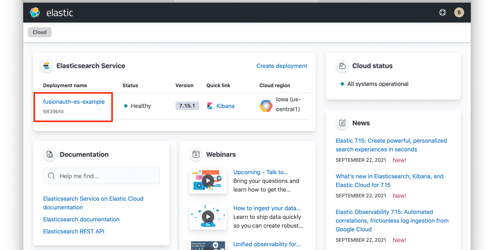 Elastic Cloud dashboard with deployment screen