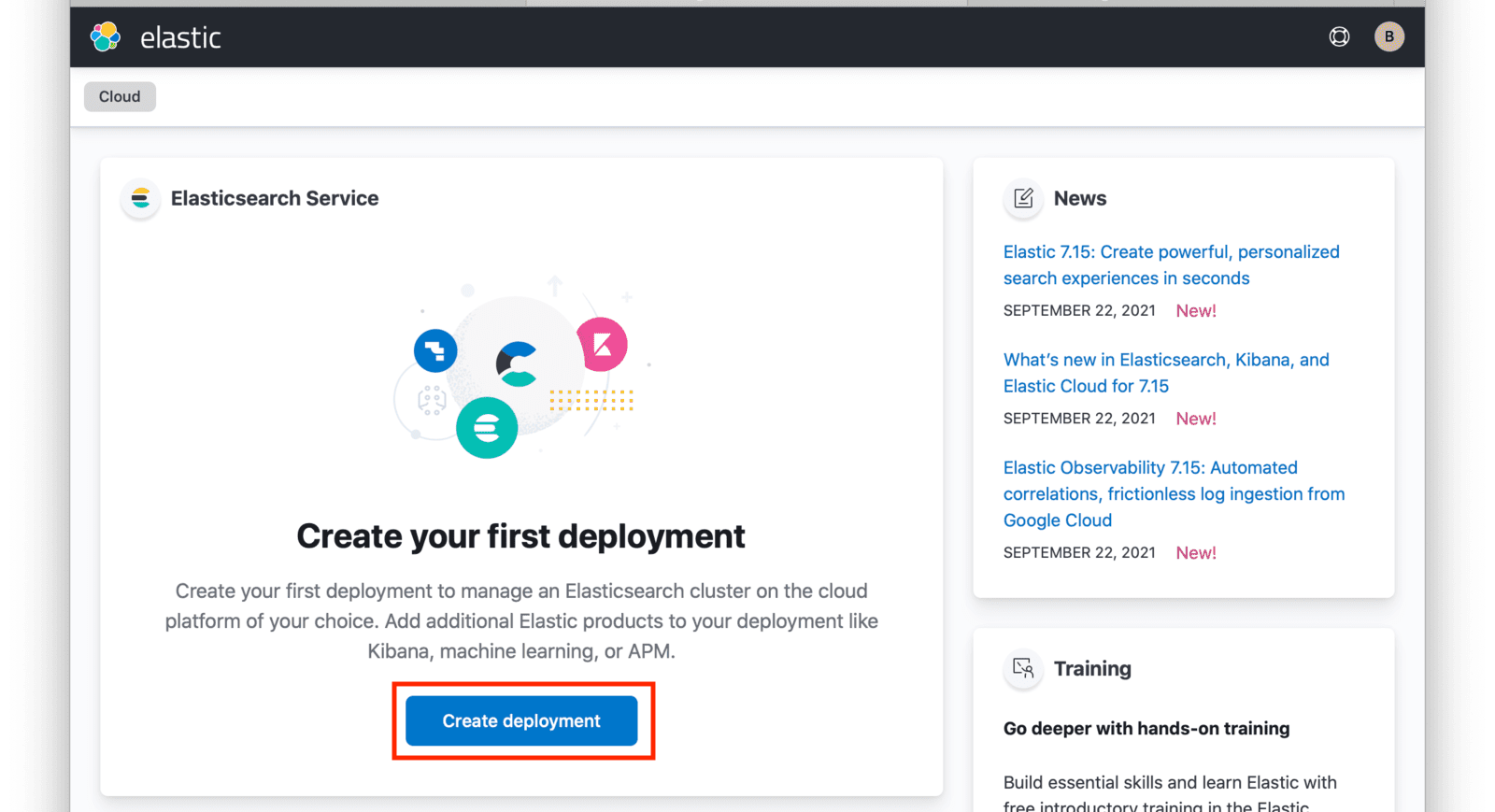 Elastic Cloud dashboard screen