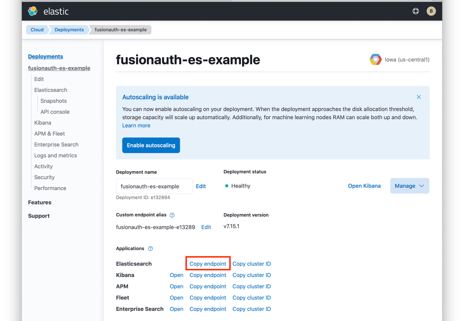 Elastic Cloud deployment dashboard screen