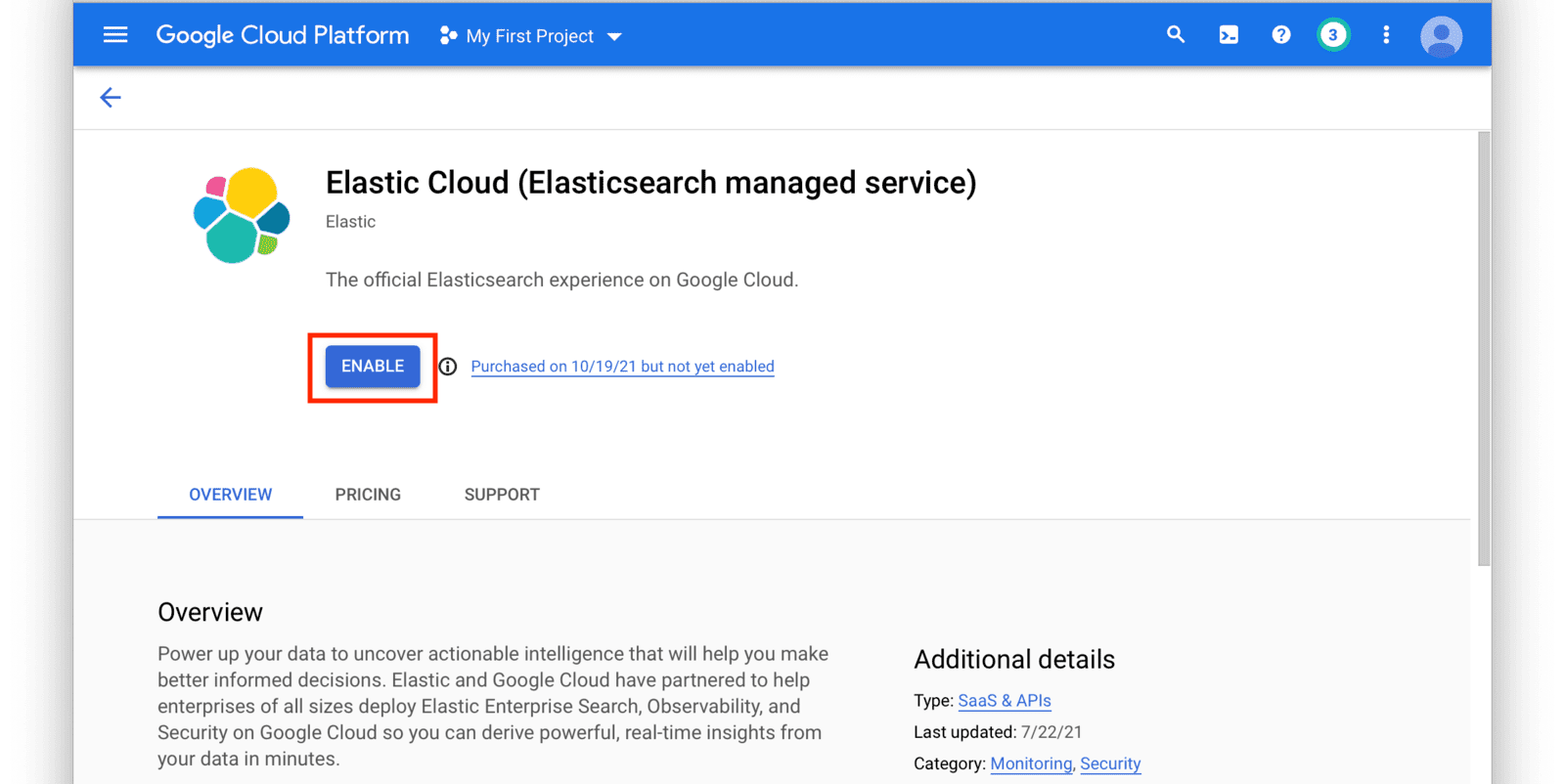 Elasticsearch service enable subscription screen