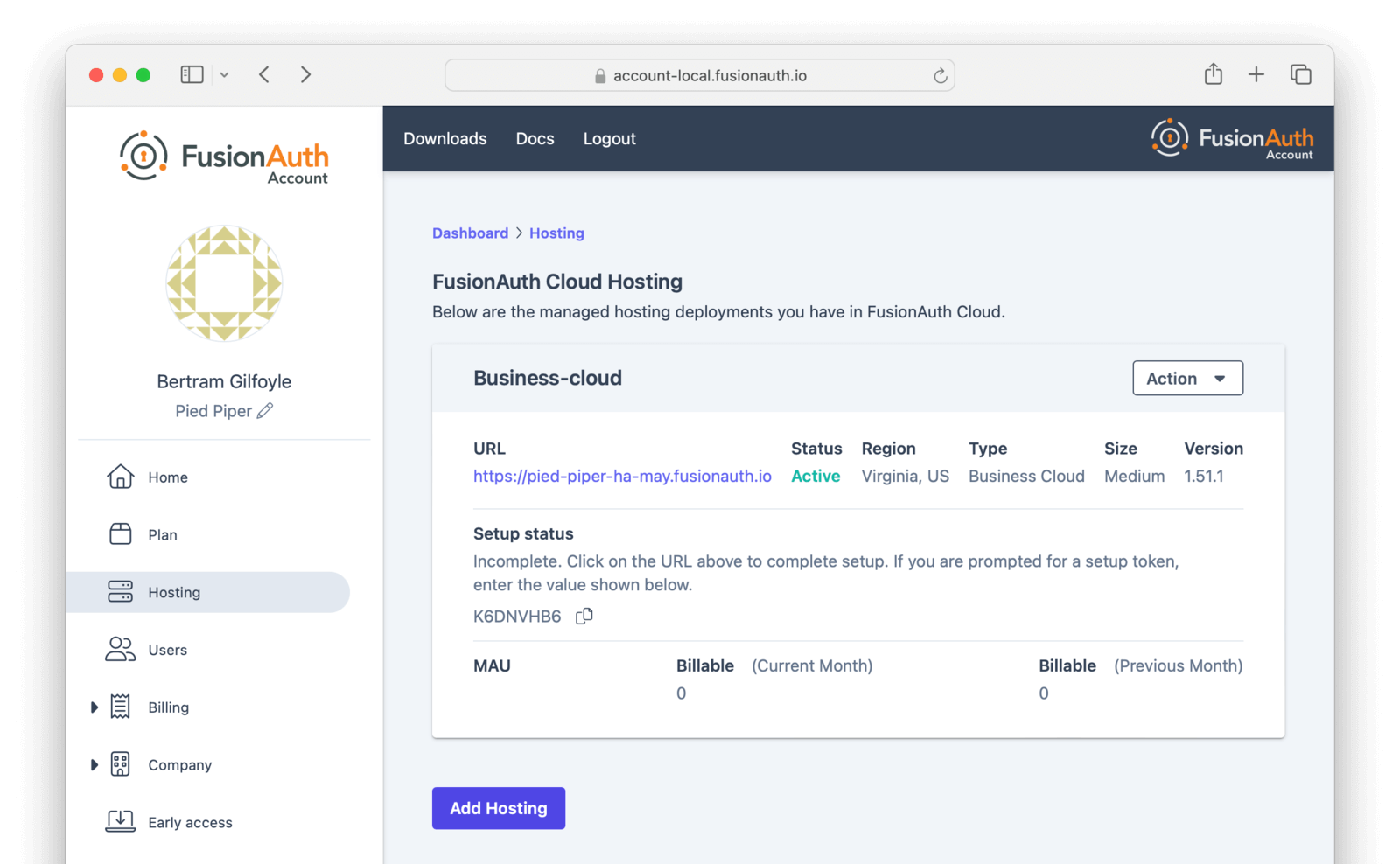 Hosting tab when the provisioning finished.