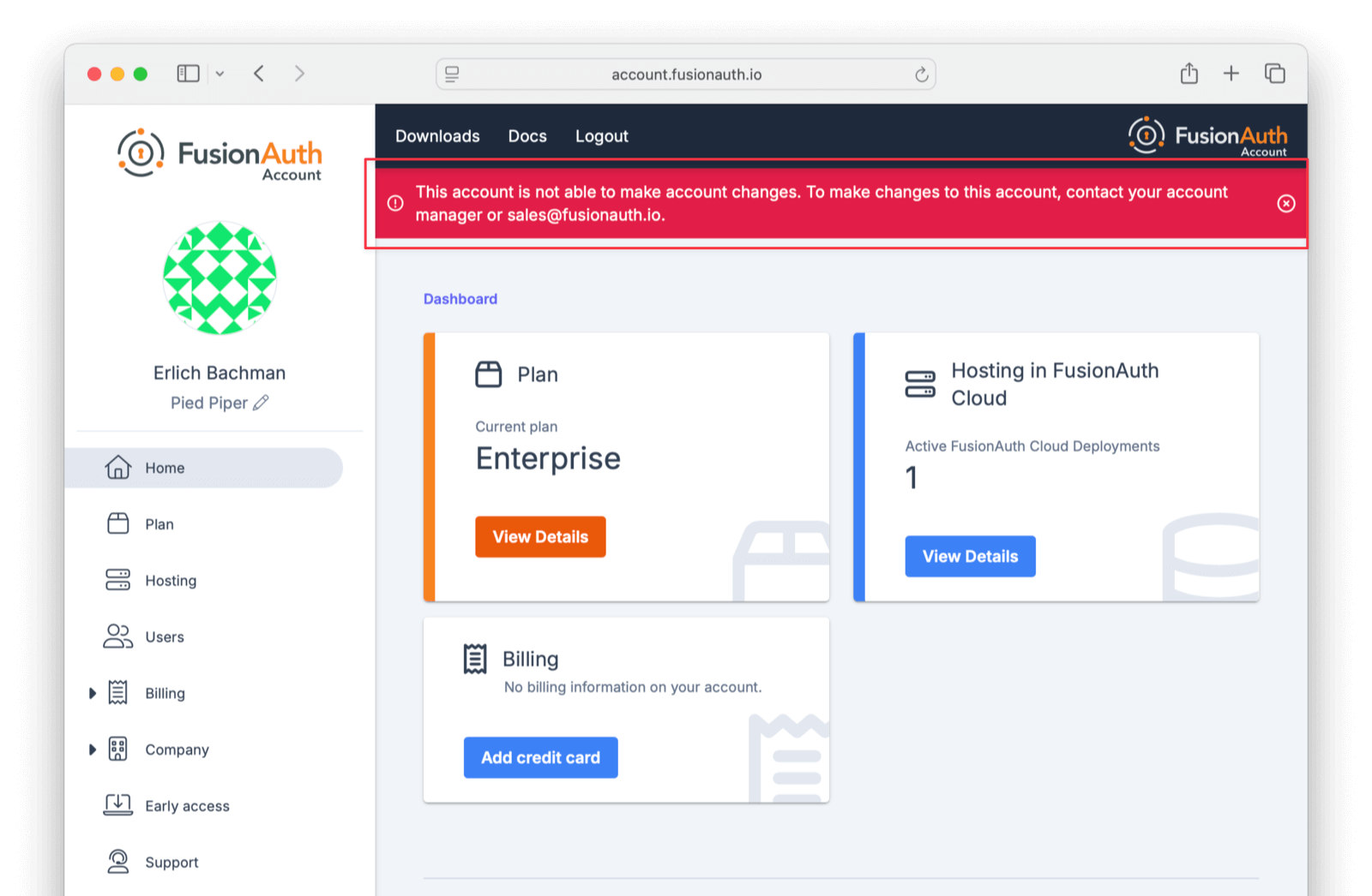On the Hosting tab with invoicing set up after trying to launch.
