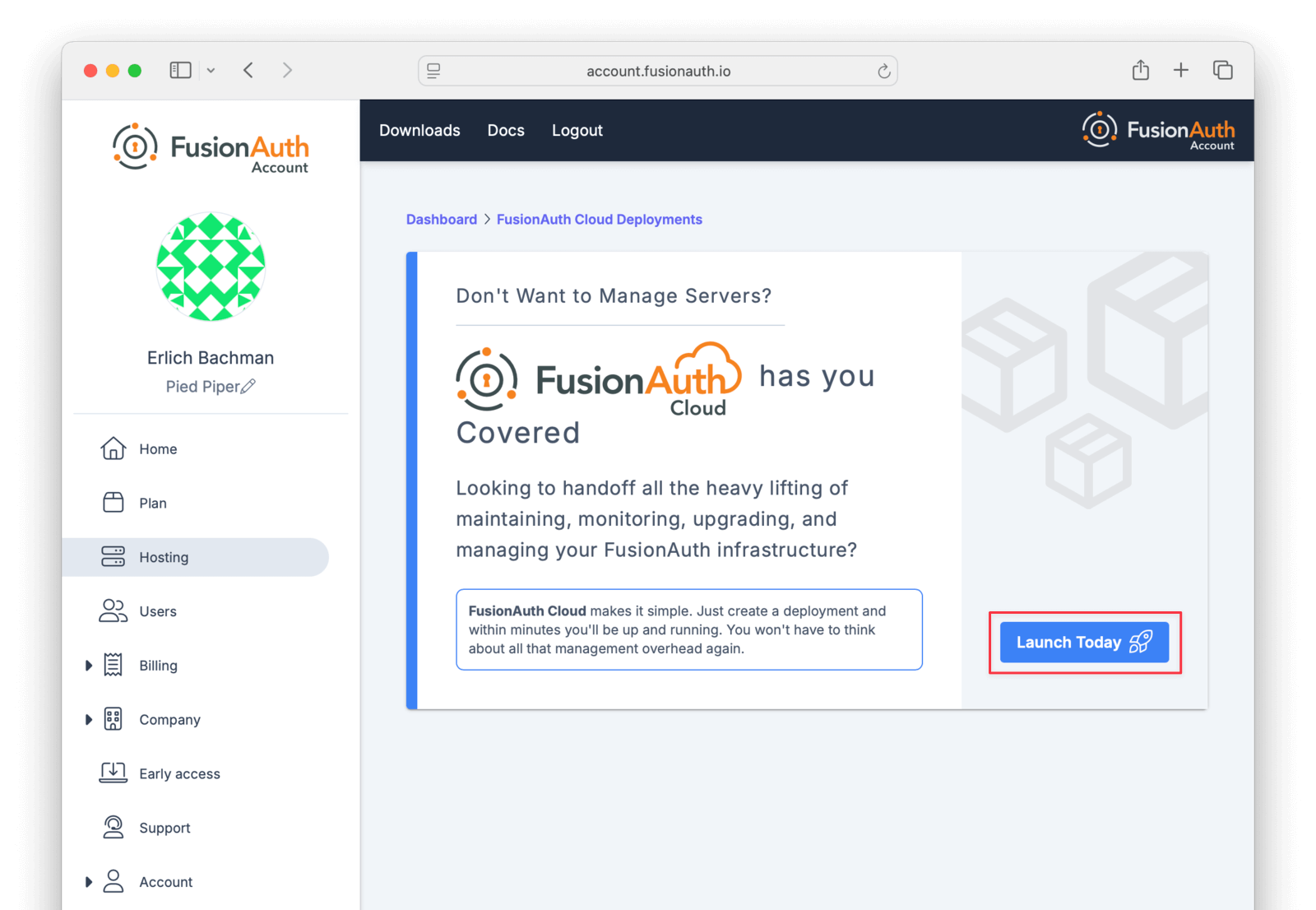 On the Hosting tab with no deployments.