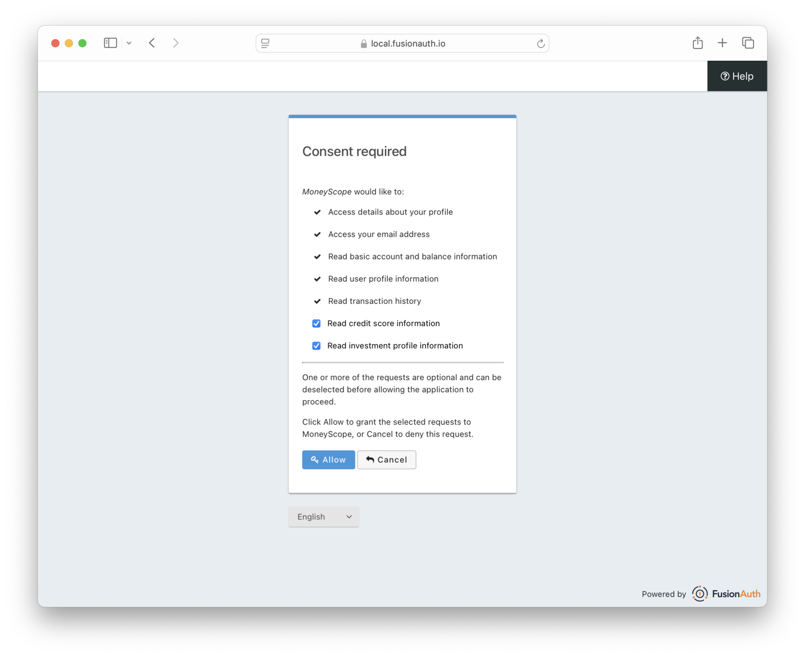 Configured scopes for the example scenario.