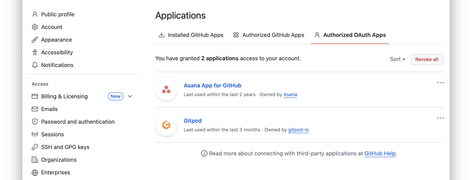 GitHub's connected application screen.