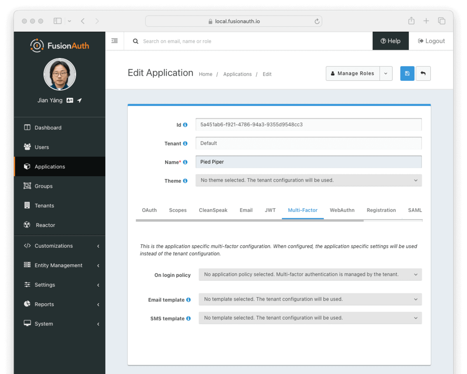 Configuring allowed MFA methods on the application.