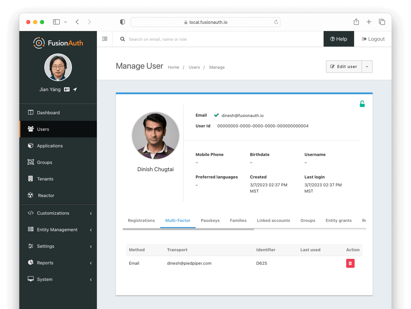 The MFA settings in the user details view when the first MFA method has been enabled.