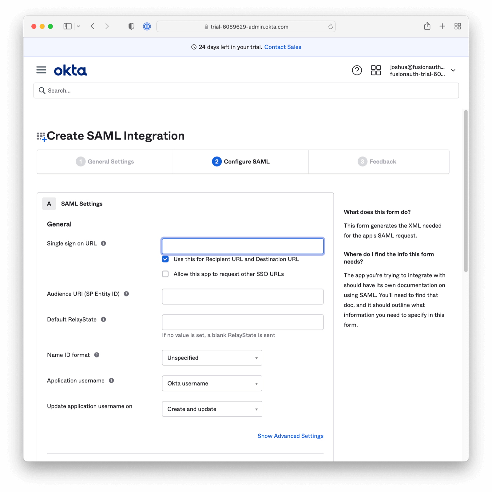 Settings tab when creating a SAMLv2 application in Okta