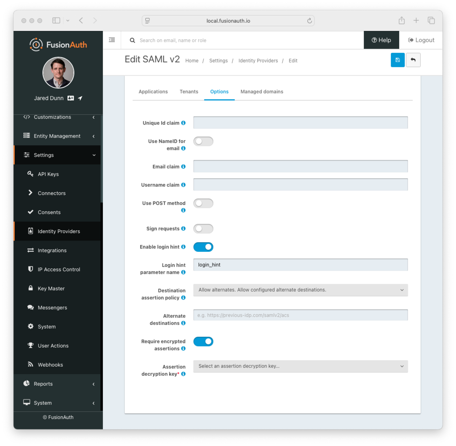 Add SAML v2 Options section
