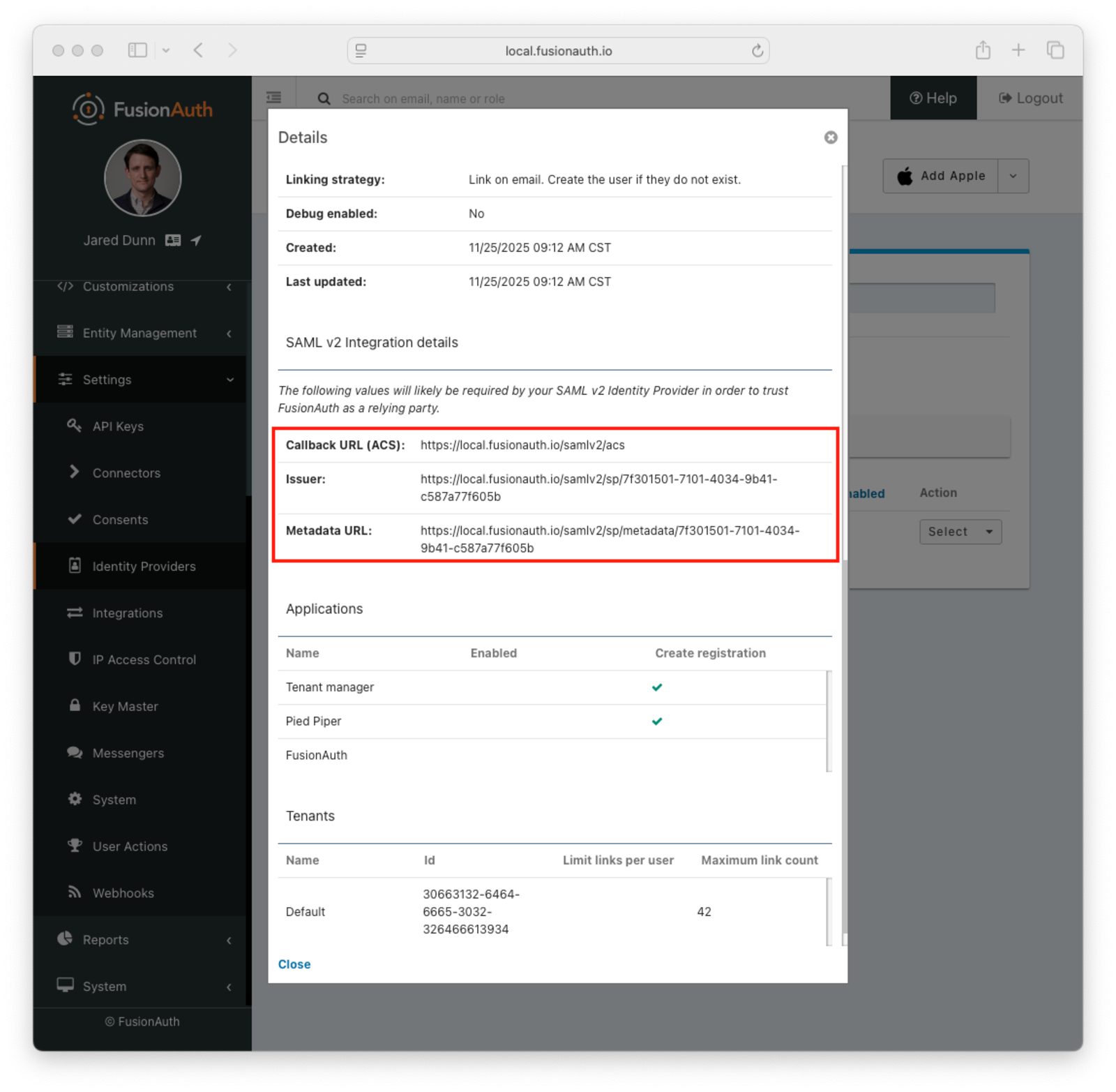 View the SAMLv2 identity provider details