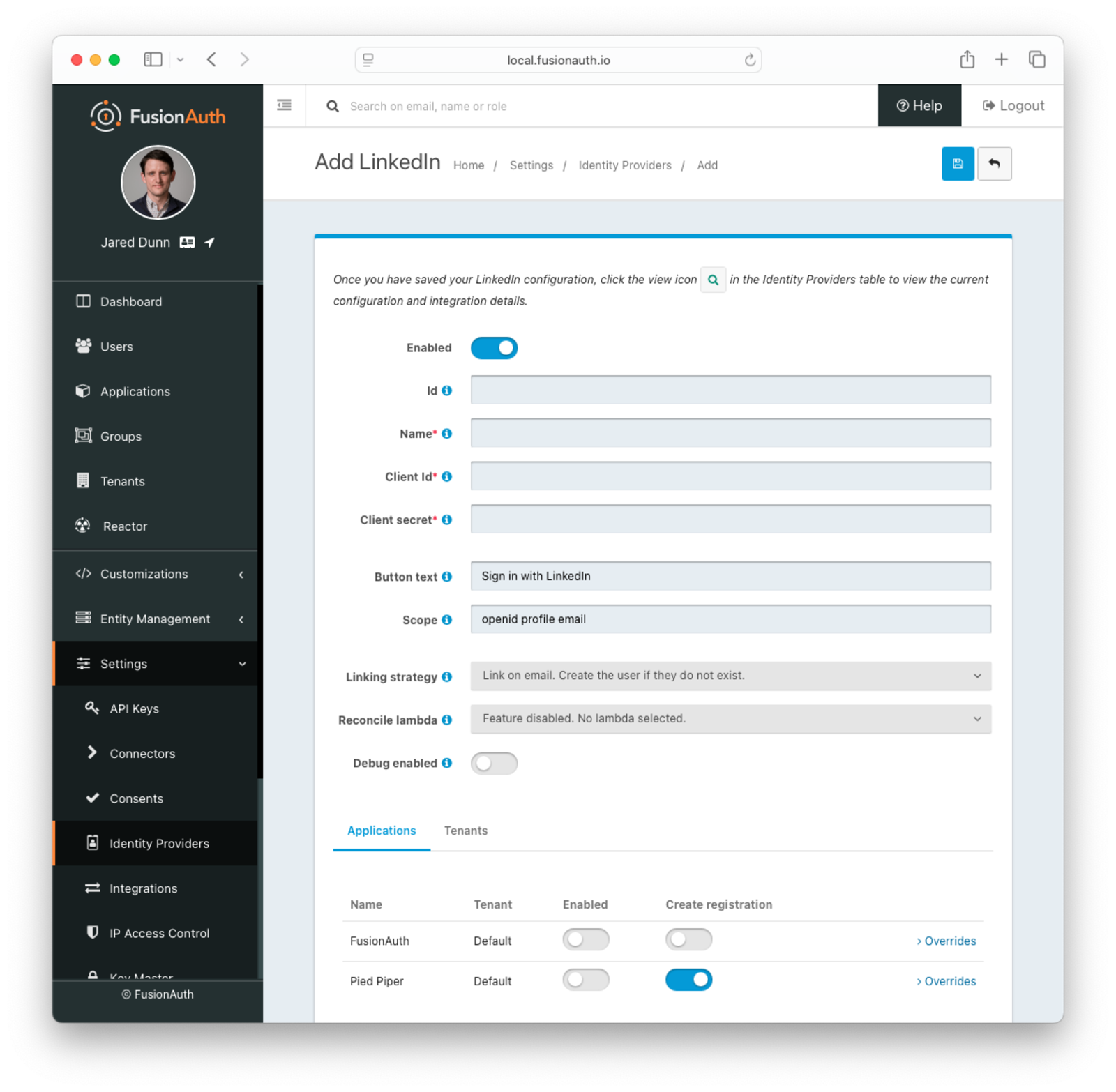 Add the LinkedIn Identity Provider