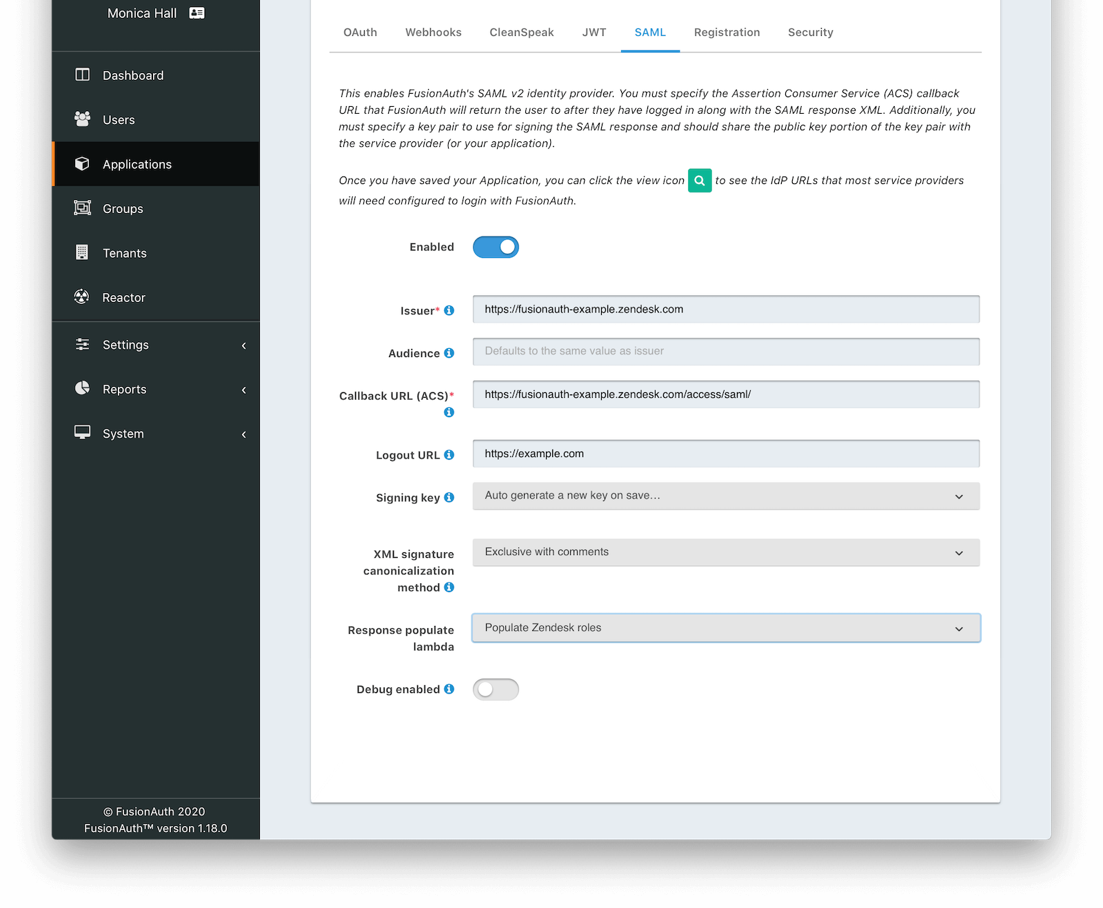 Application SAML configuration.