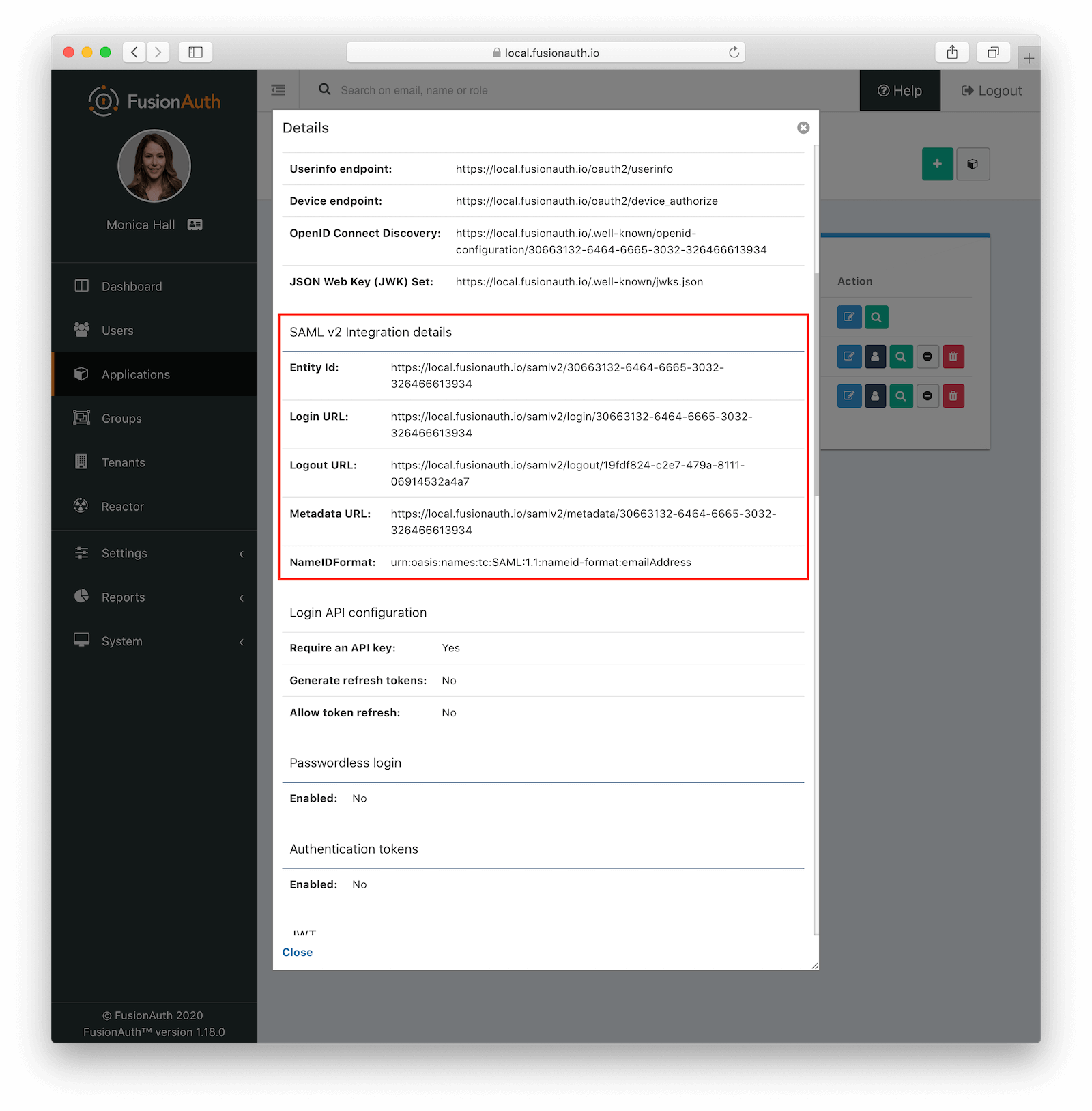 The SAML Integration Details.