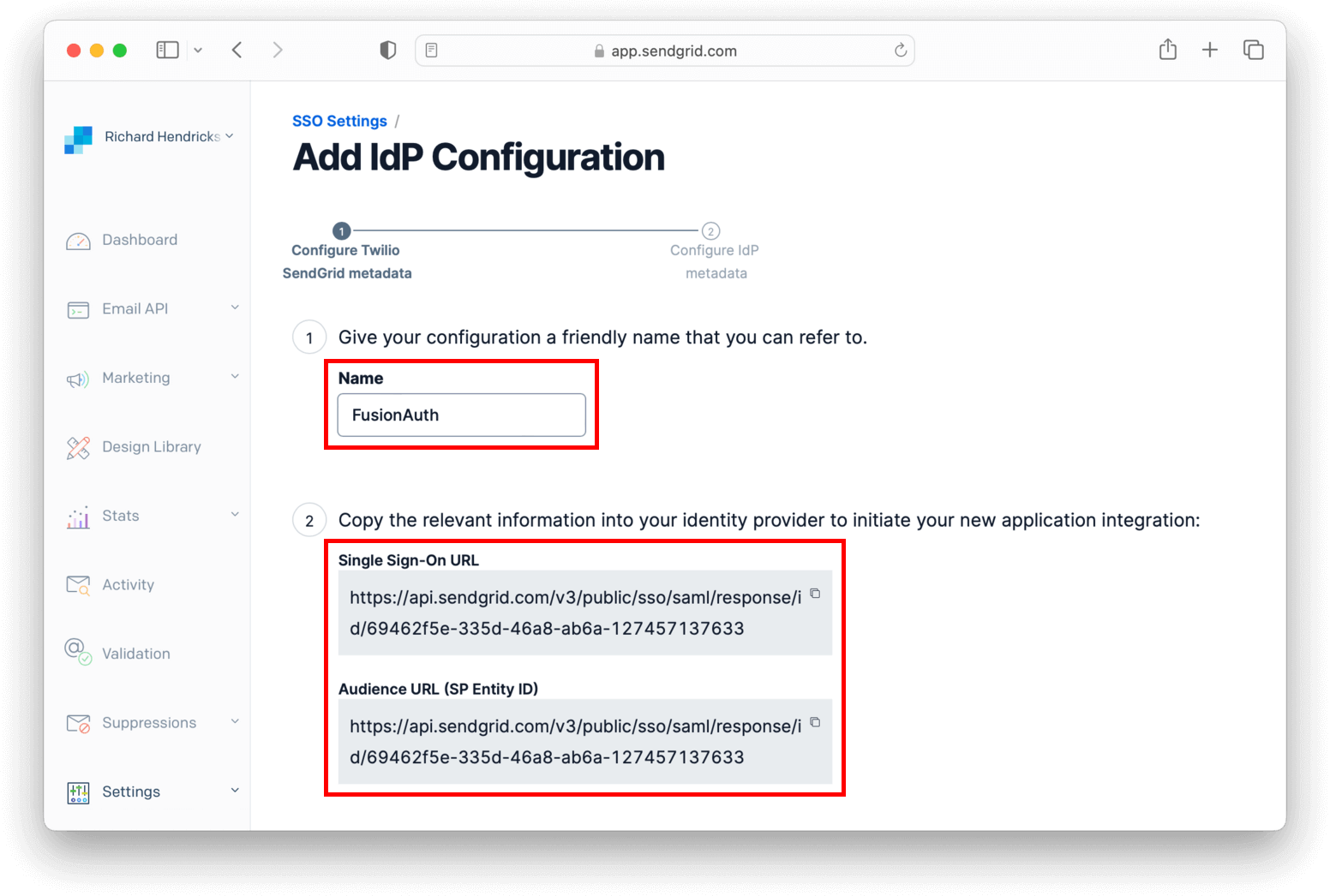 Filling SSO configuration in SendGrid.