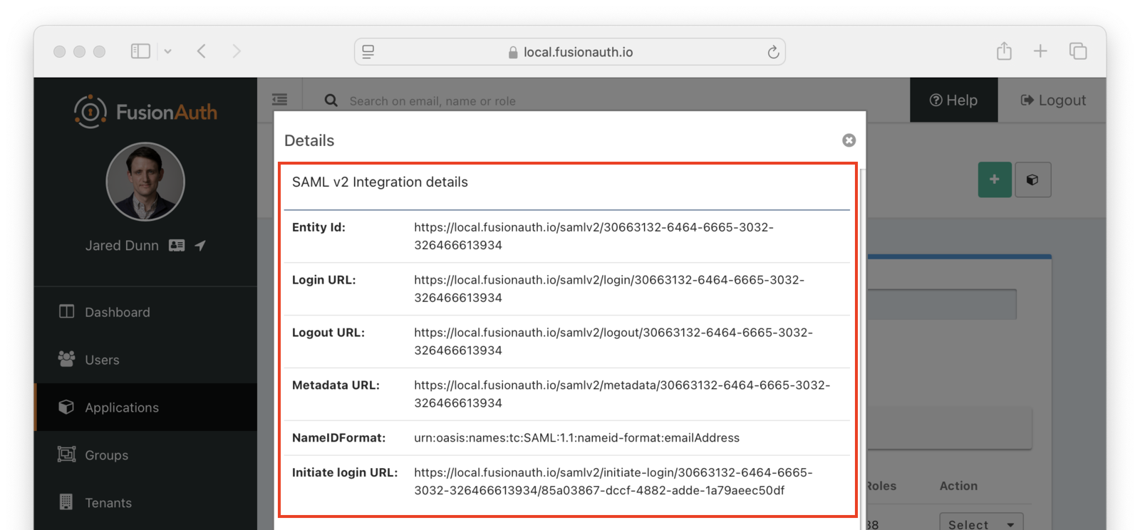 View dialog on the Application listing page