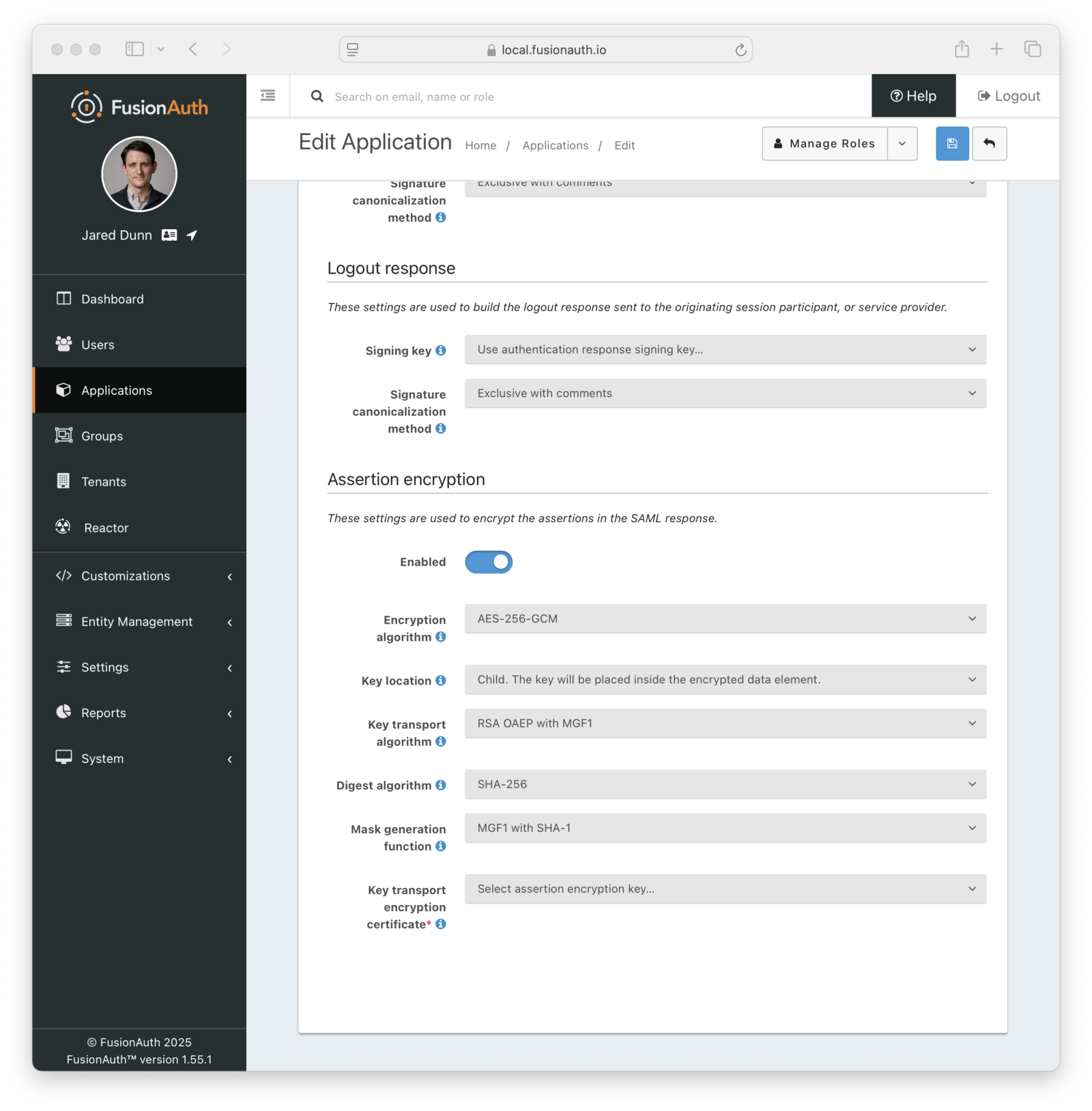 Application SAML v2 Assertion Encryption Configuration